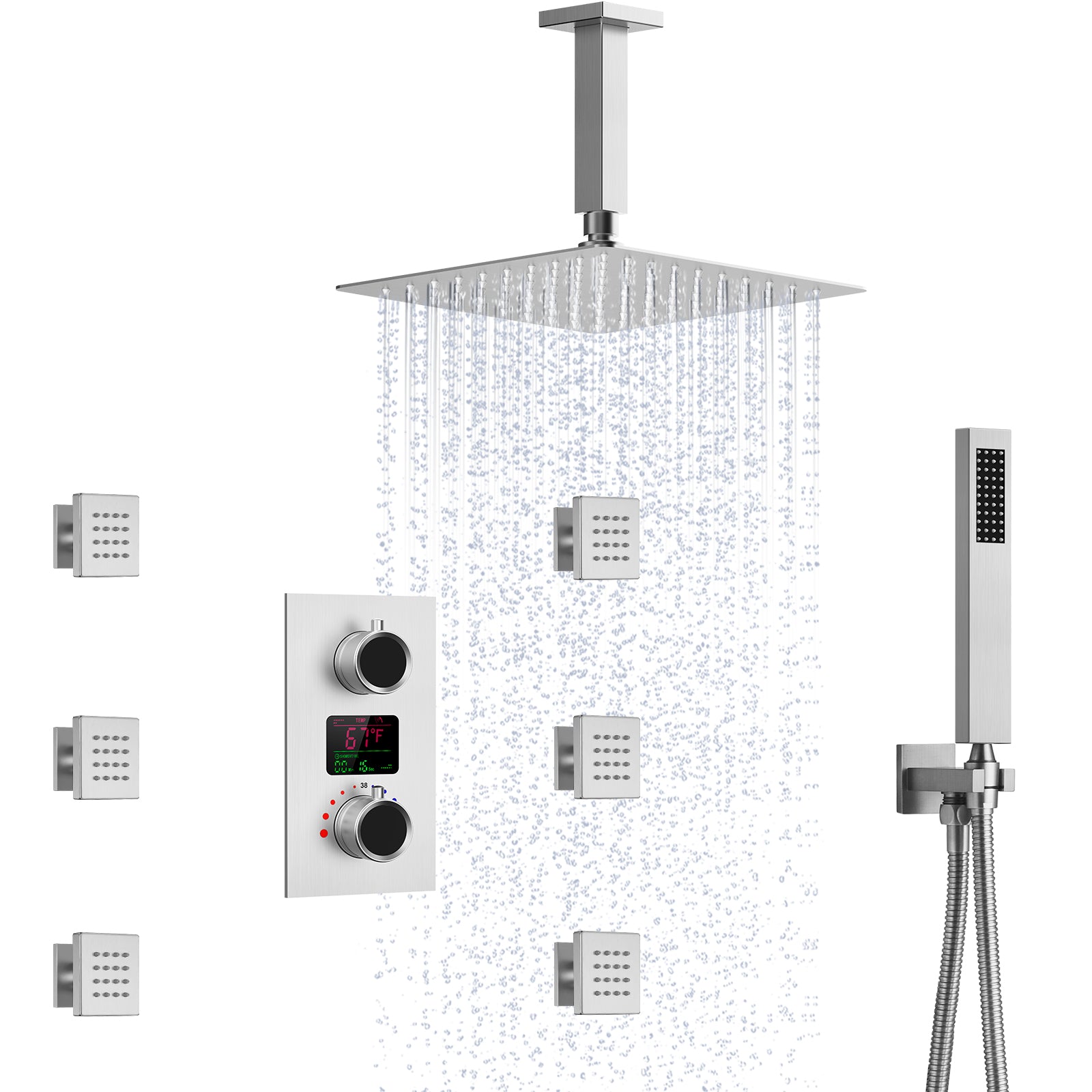 SFS-1015-NK12 EVERSTEIN Ceiling installation Constant Temperature Shower Faucet with LED Display Rain Shower System, with 6 Massage Nozzles and Hand-held Spray,Brushed Nickel