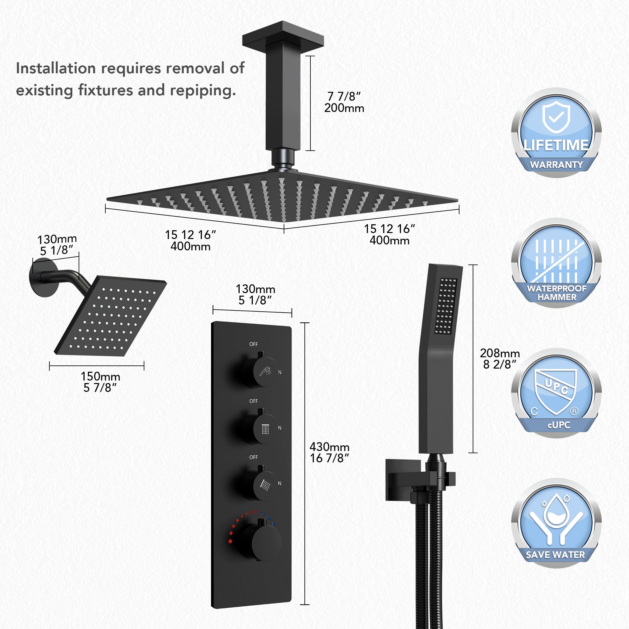 EVERSTEIN SFS-1061-BK16 16" High-Pressure Rainfall Complete Shower System with Rough-in Valve