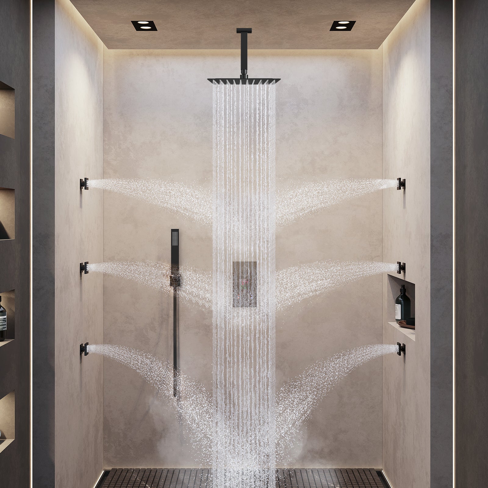 SFS-1015-BK12 EVERSTEIN Ceiling installation Constant Temperature Shower Faucet with LED Display Rain Shower System, with 6 Massage Nozzles and Hand-held Spray,Matte Black
