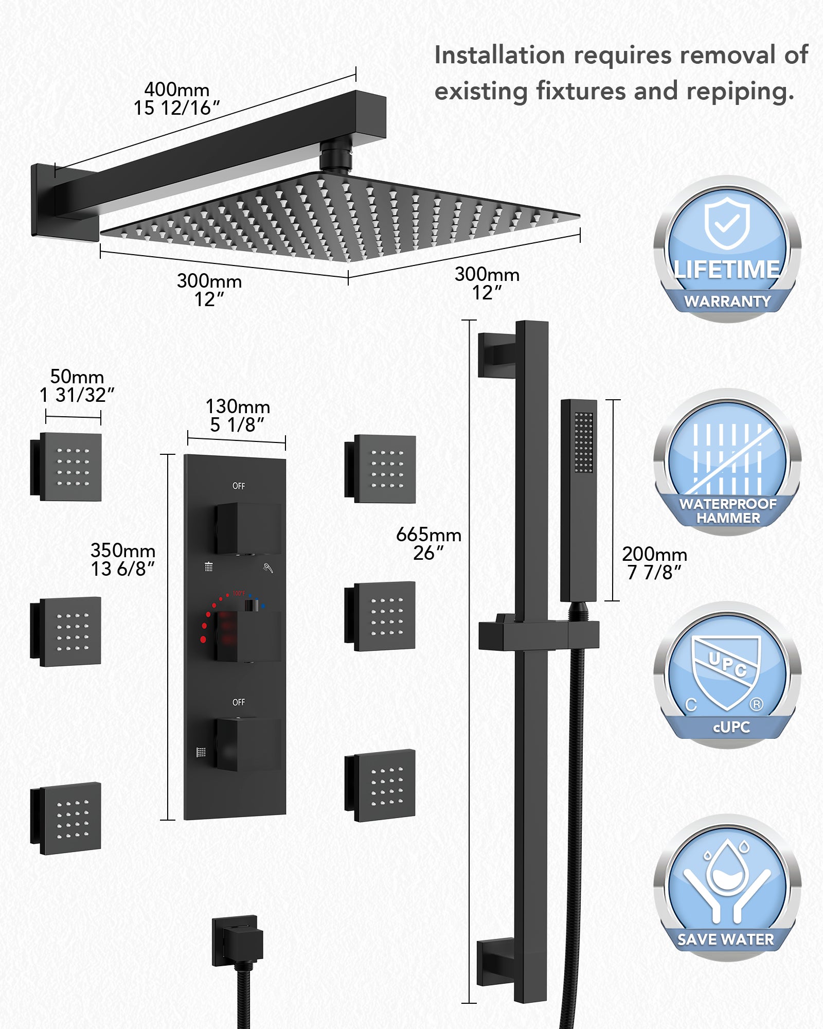 Black SFS-1016-BK12 Shower Faucet Specification Outline