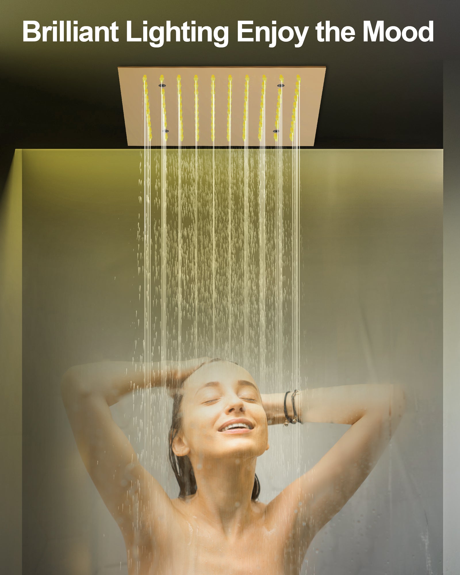 EVERSTEIN Rose Gold Luxury Rain Shower System - 12" Ceiling Rainfall Head with Color Changing LED Lights & Body Massage Jets