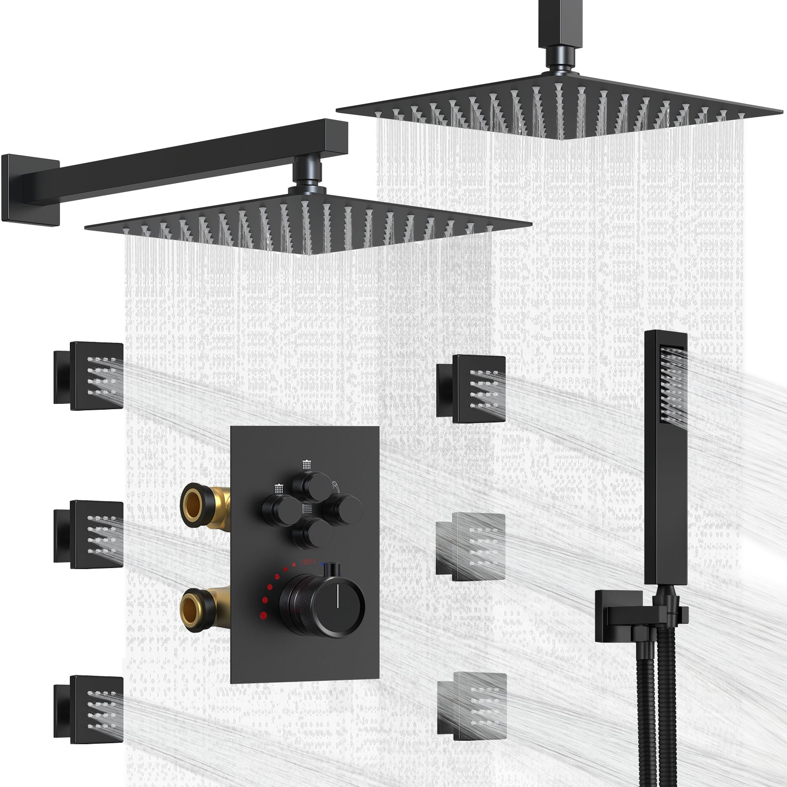 SKS-1032-BK12 12 in. Ceiling Mount Dual Shower Head and Handheld Shower 2.5 GPM with 6-Jets in Matte Black(Valve Included)