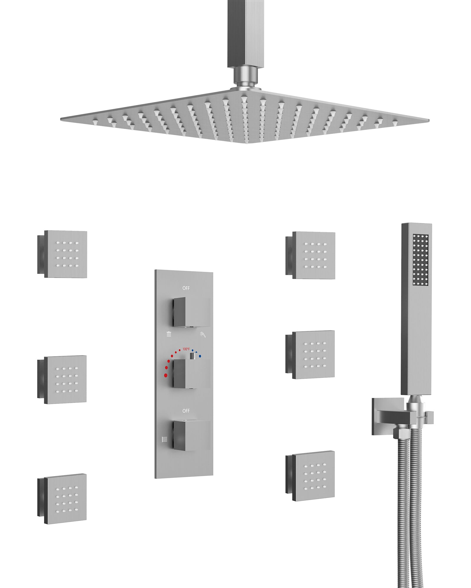 EVERSTEIN Luxury Shower System with Body Massage Jets & 12" Ceiling Rainfall Shower Head Set, Brushed Nickel Shower Fixtures