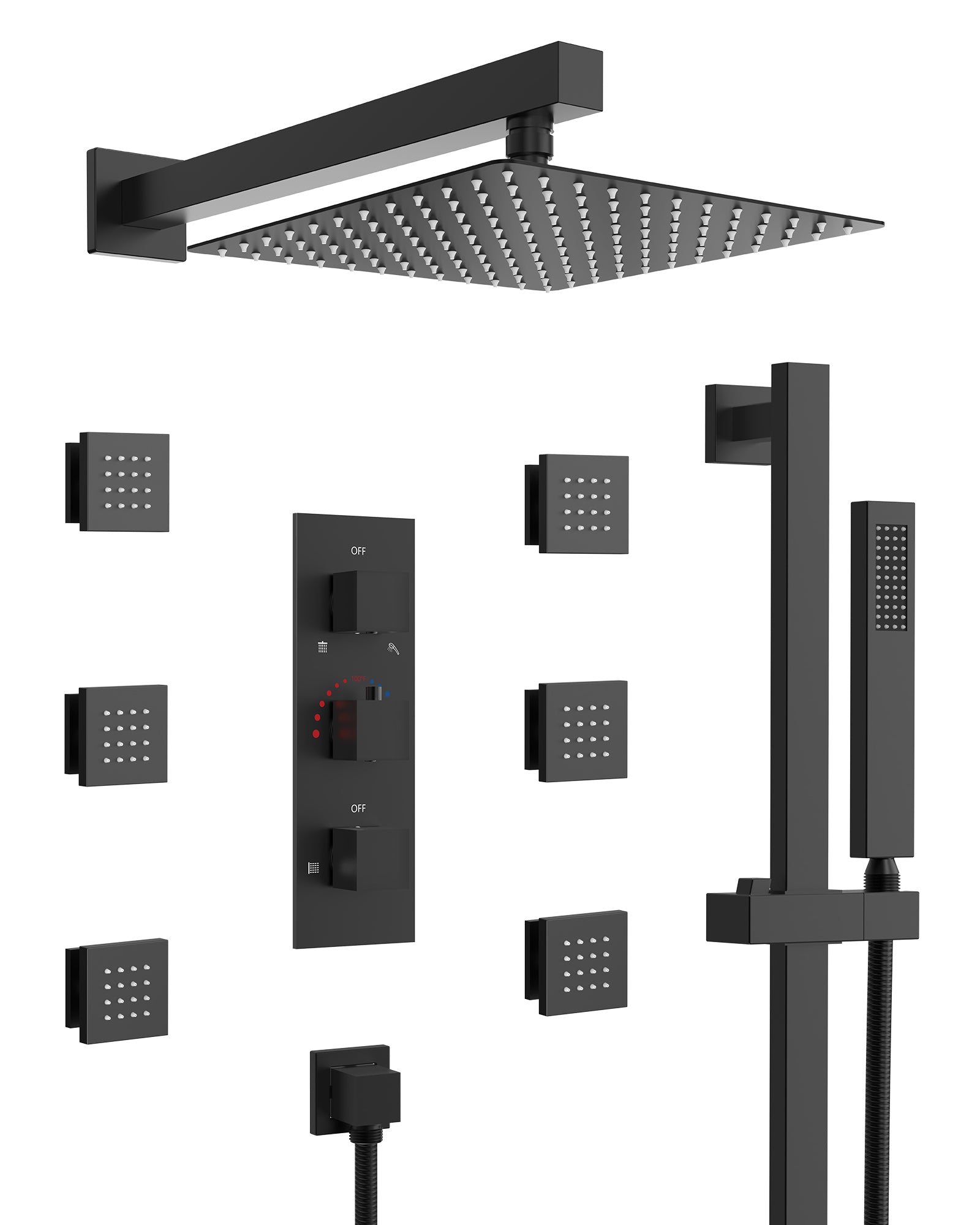 SFS-1016-BK12 EVERSTEIN Luxury wall mounted shower faucet system with fixed device and rough valve, with 6 body massage spray and hand-held shower faucet in Matte Black