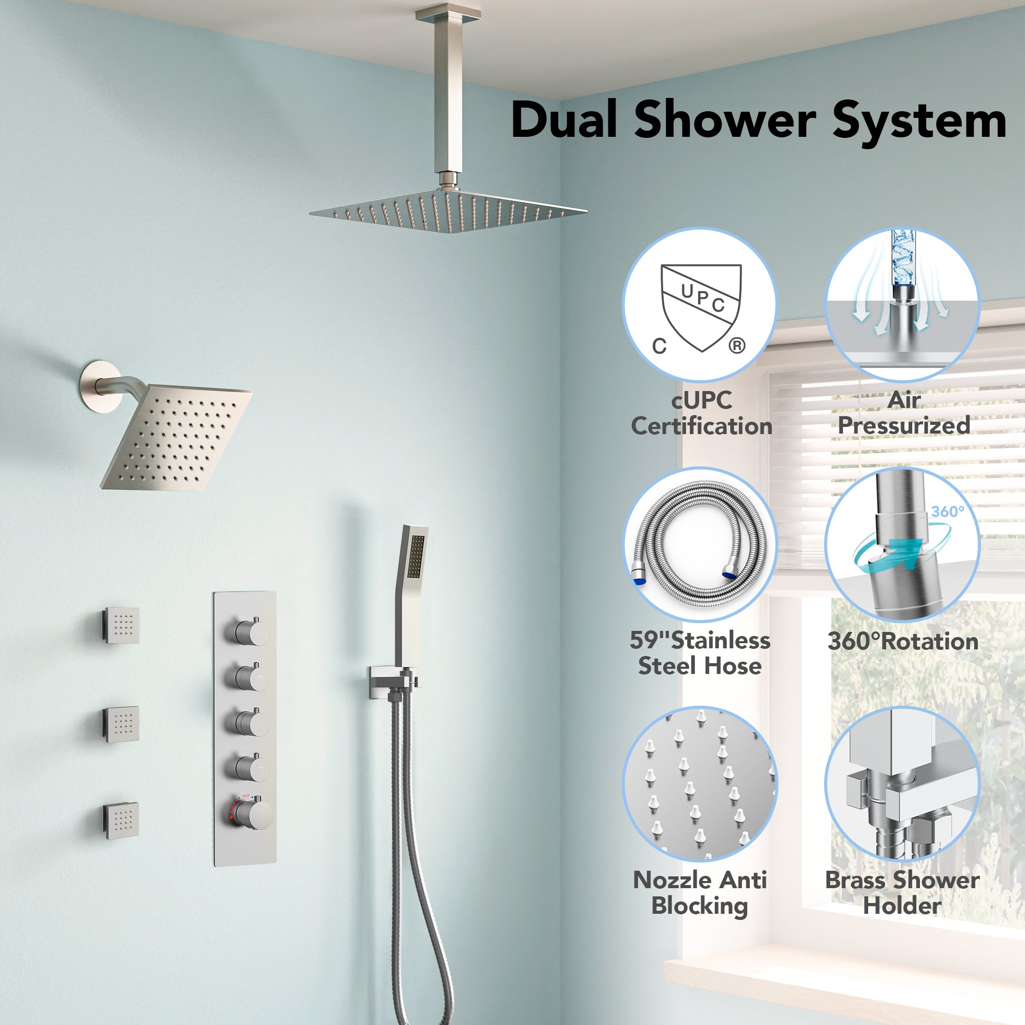 EVERSTEIN SFS-1063-NK16 16" High-Pressure Rainfall Complete Shower System with Rough-in Valve