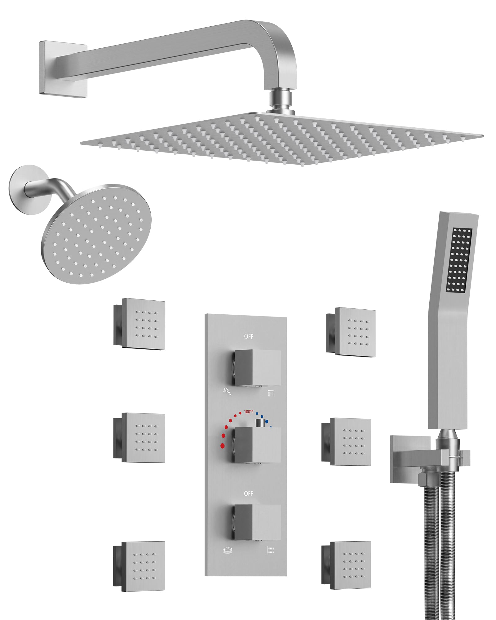 EVERSTEIN Luxury Dual Shower Heads Set with 12" Square Ceiling Rainfall & Adjustable Body Massage Jets - 8 Spray Patterns Combo
