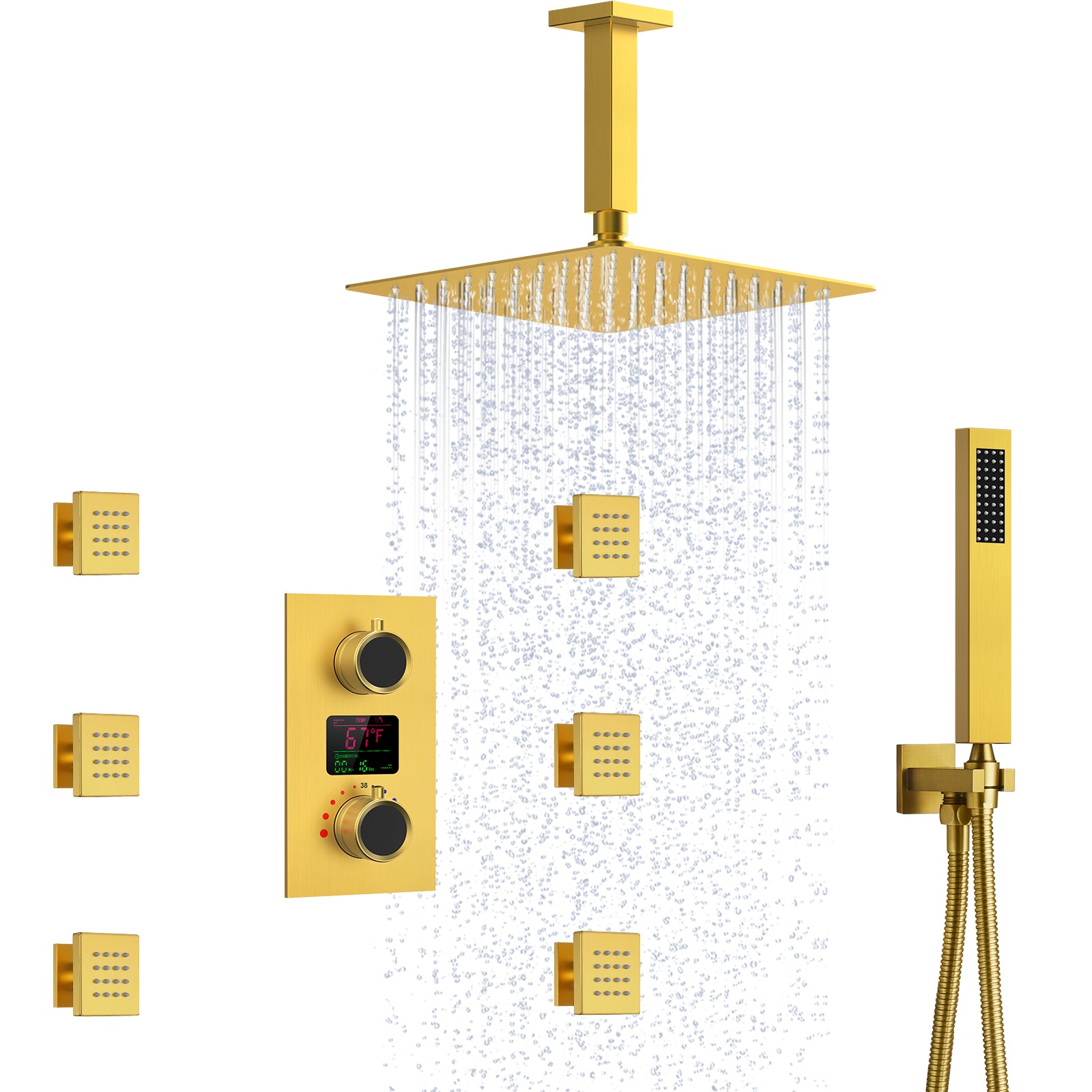 SFS-1015-GD12 EVERSTEIN Ceiling installation Constant Temperature Shower Faucet with LED Display Rain Shower System, with 6 Massage Nozzles and Hand-held Spray,Brushed Gold