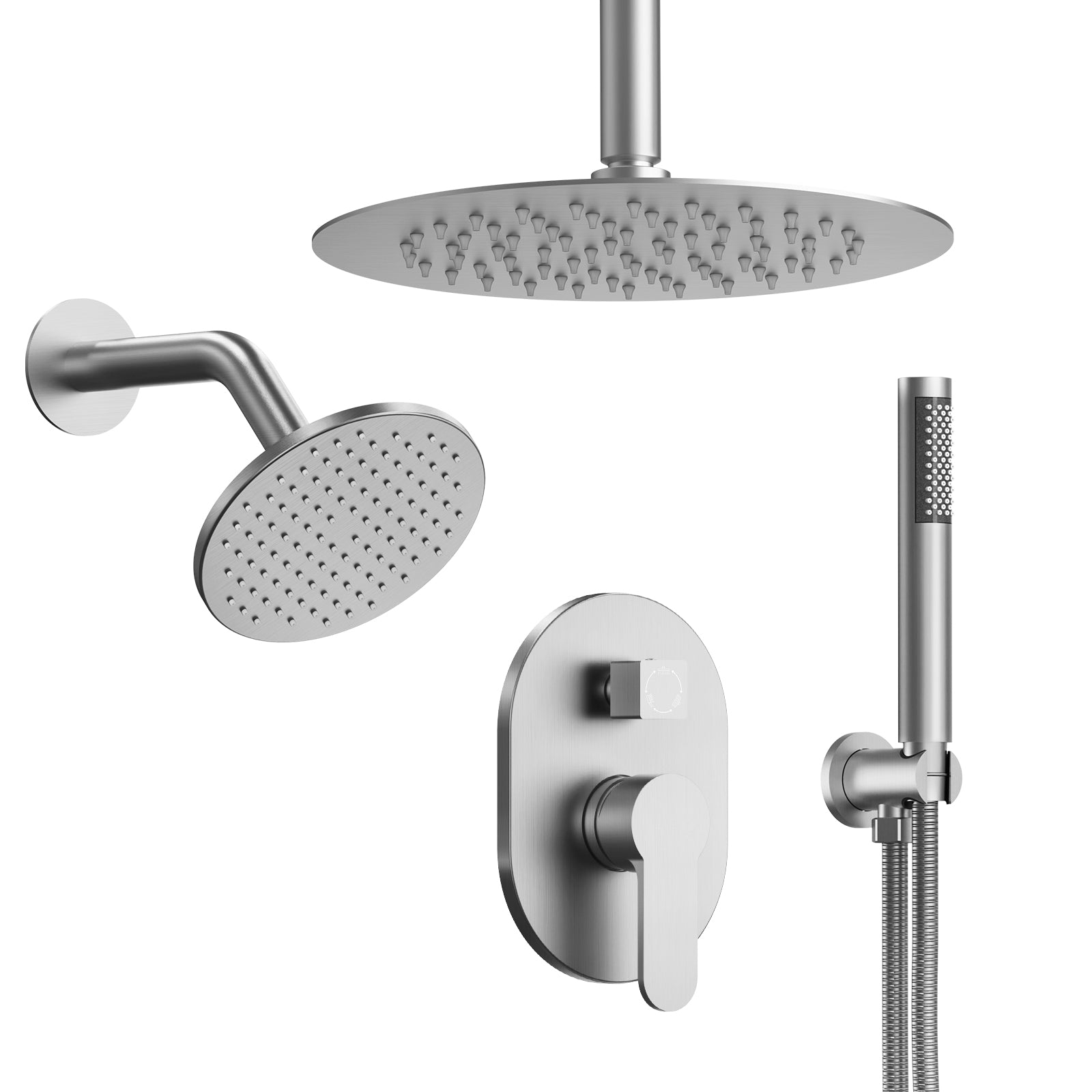 EVERSTEIN Rain Dual Shower Heads System: Brushed Nickel 10" Round High-Pressure Luxury Showerhead Fixtures Faucet Set