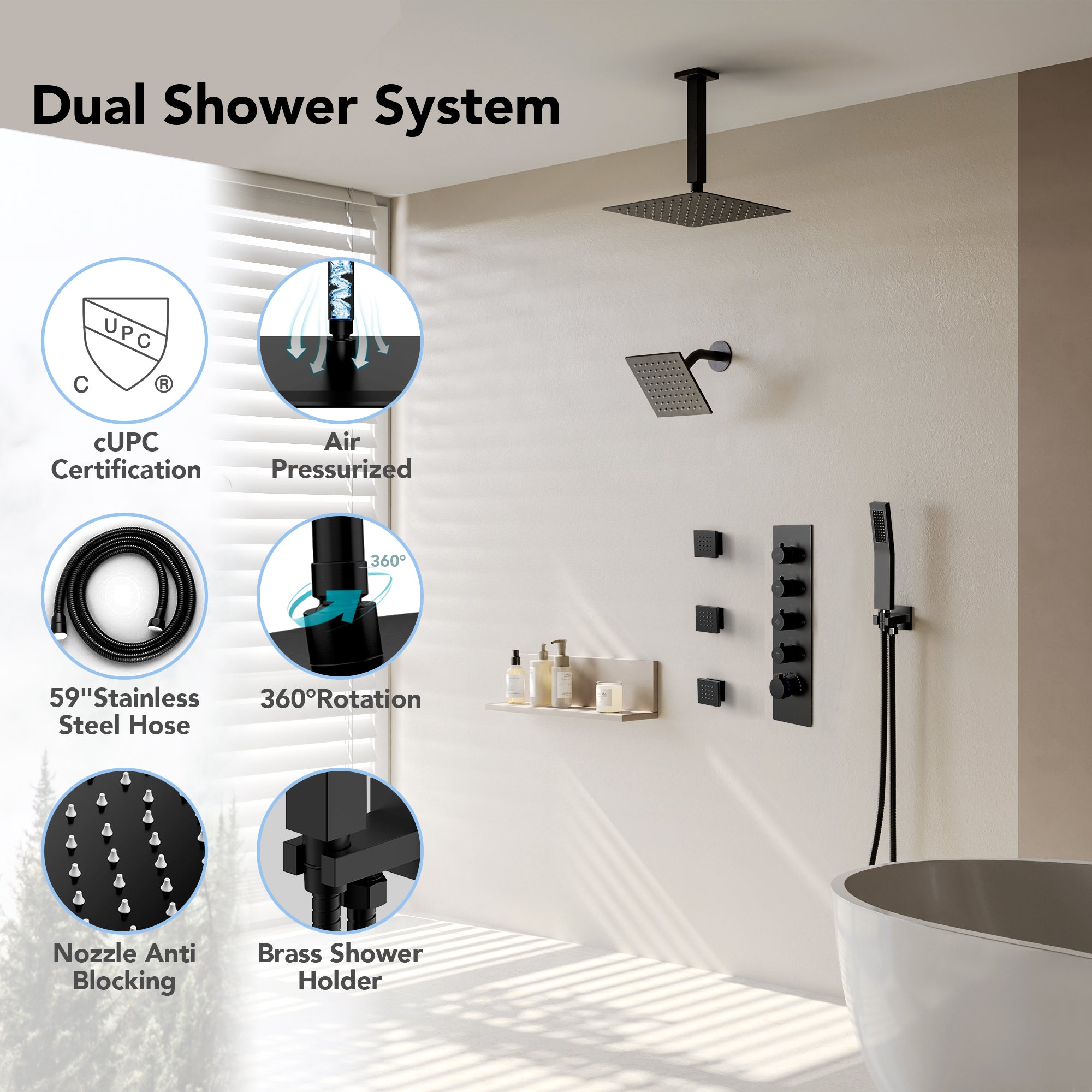 EVERSTEIN SFS-1063-BK16 16" High-Pressure Rainfall Complete Shower System with Rough-in Valve