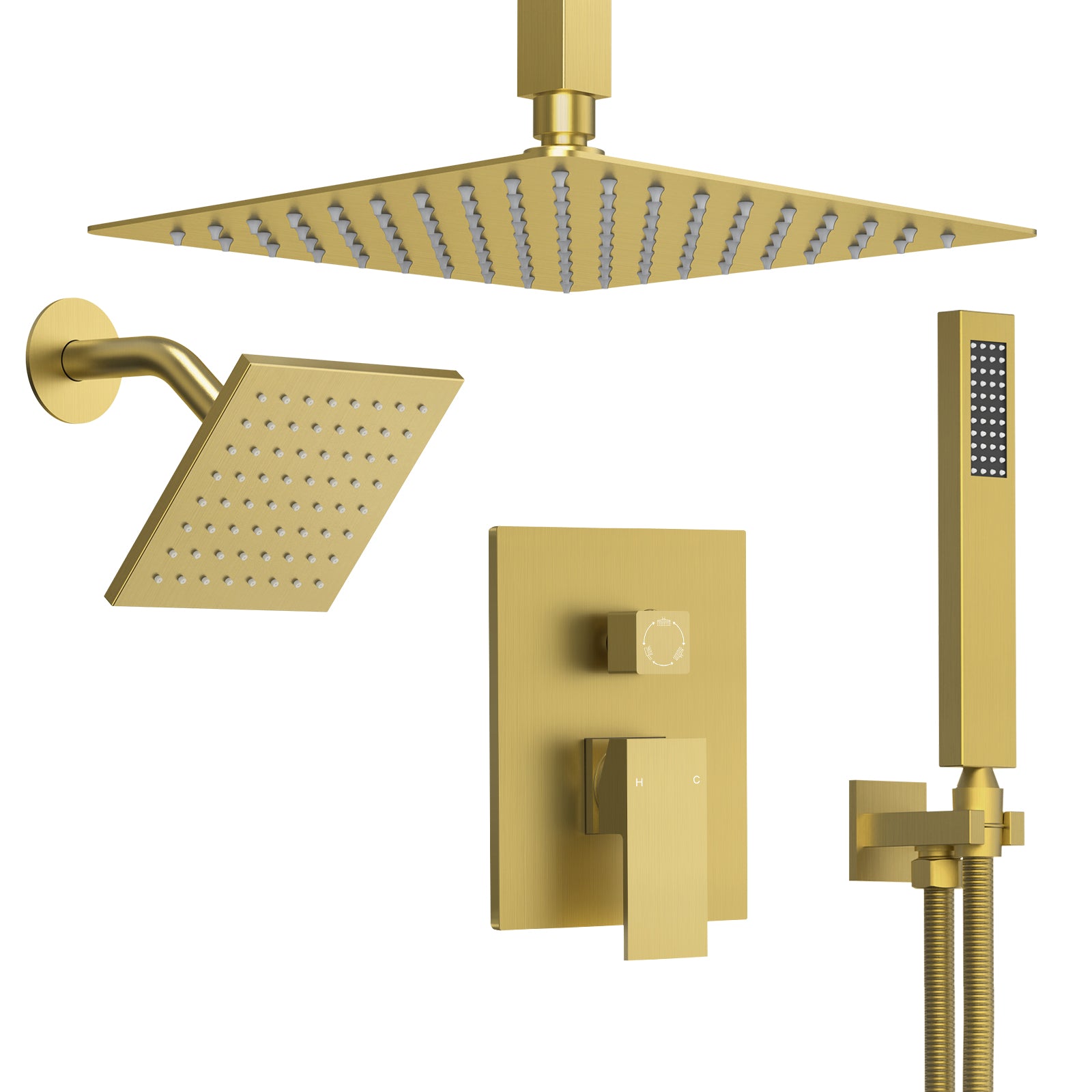 EVERSTEIN Shower System with Dual Heads | 10" Ceiling Rainfall | High-Pressure Bathroom Gold Faucet Set with Handheld Spray