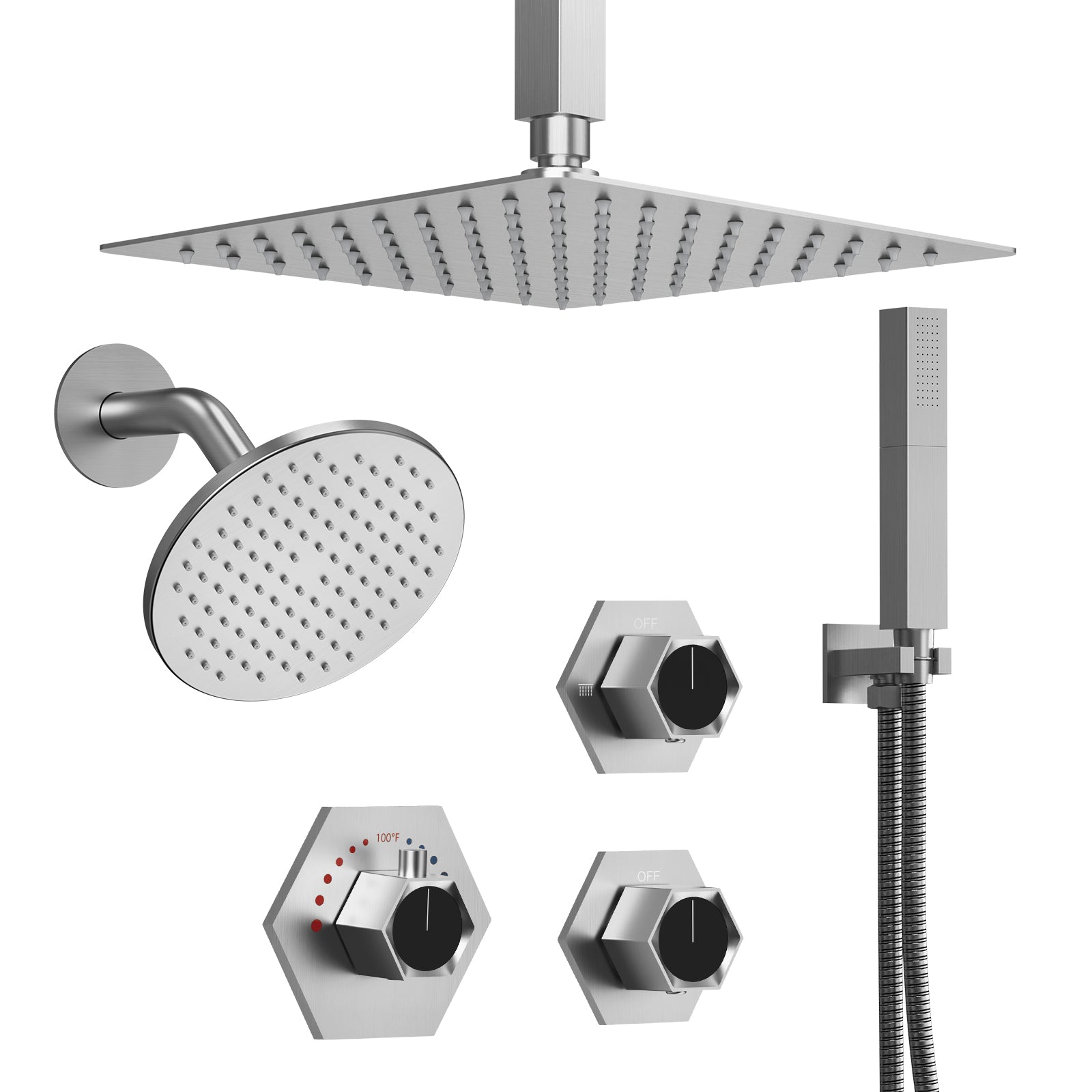 EVERSTEIN Luxury Dual Shower Heads: Brushed Nickel 12" Ceiling Mounted Rain Showerhead Handheld Spray Bathroom Shower System
