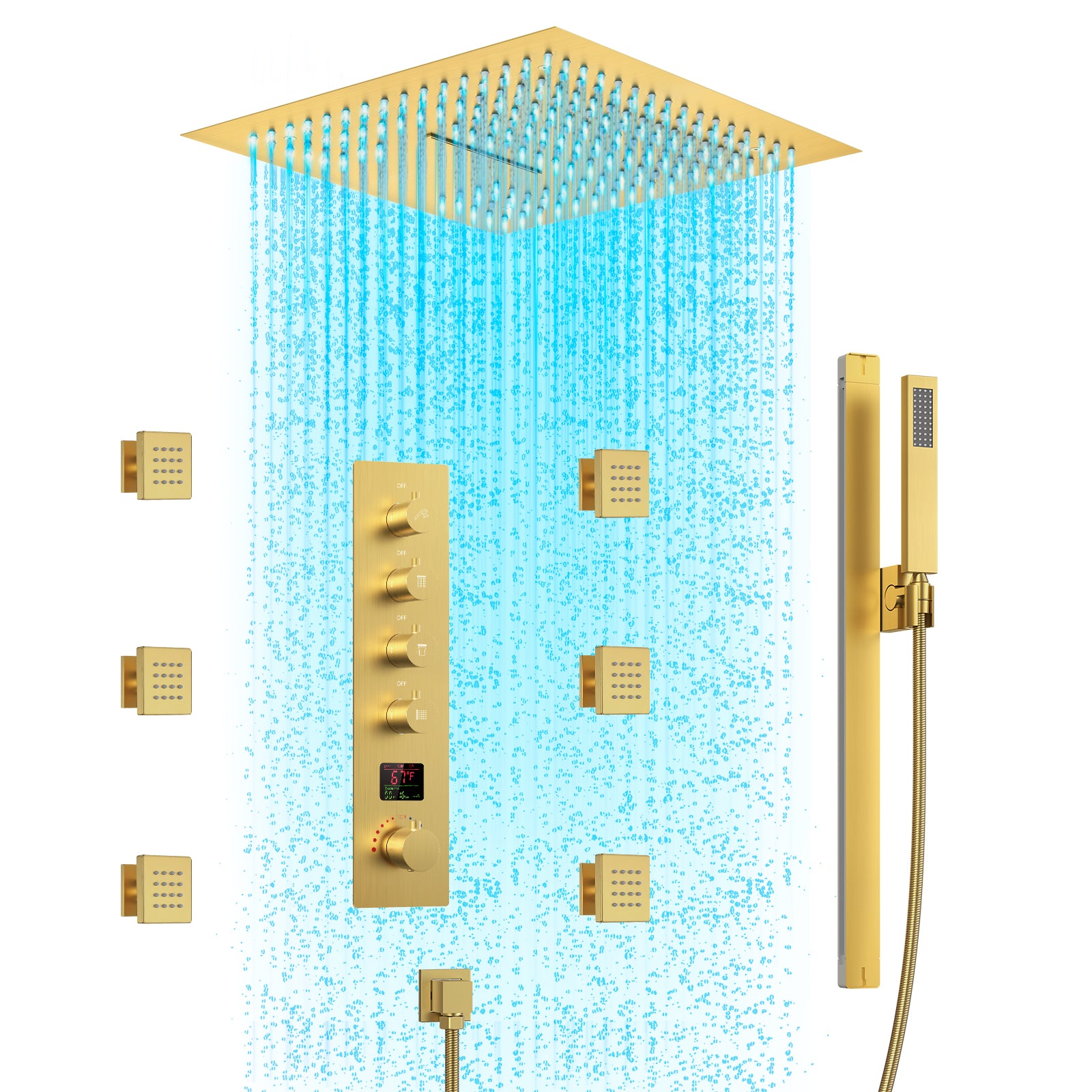 SFS-1027-GD16 EVERSTEIN LED Thermostatic Shower Head System with Rough-in Valve in Brushed Gold