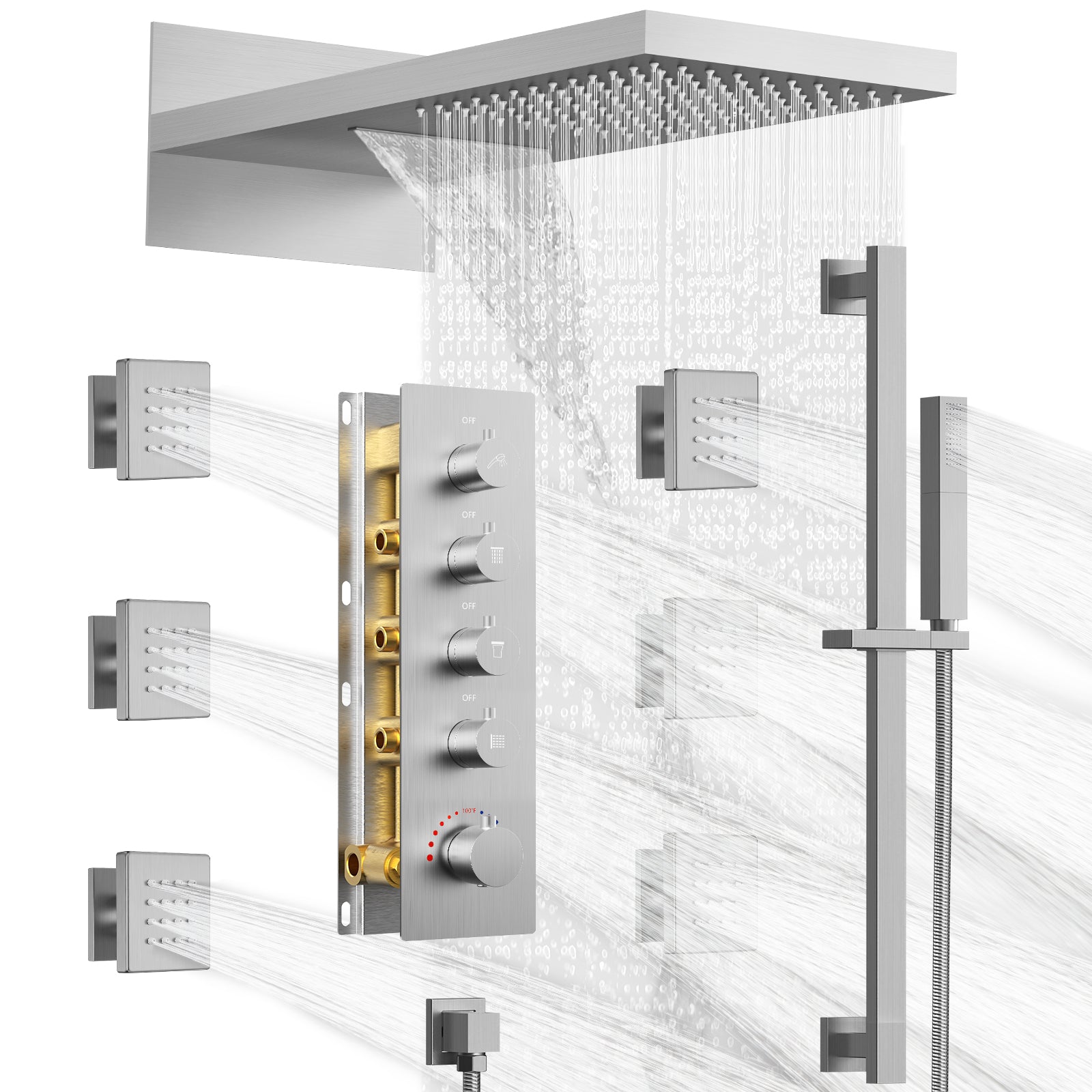 EVERSTEIN Luxury 22" High Pressure Rainfall & Waterfall Shower System with 6x2" Body Jets and Adjustable Handheld Wand - Wall Mounted, Built-in Valve, Brushed Nickel, SFS-1030-NK22