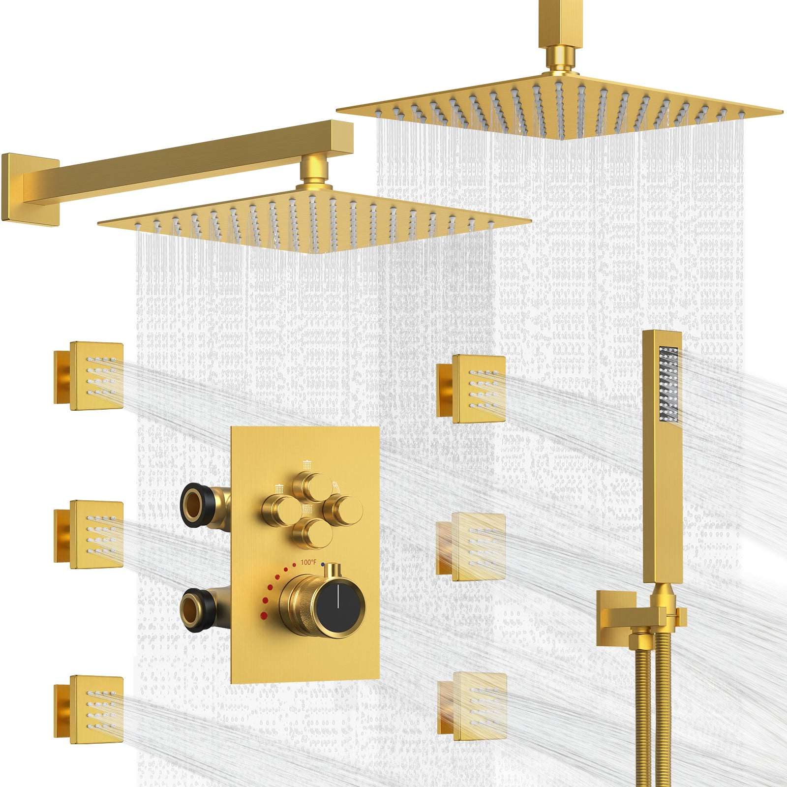 SFS-1032-GD12 12 in. Ceiling Mount Dual Shower Head and Handheld Shower 2.5 GPM with 6-Jets in Brushed Gold(Valve Included)