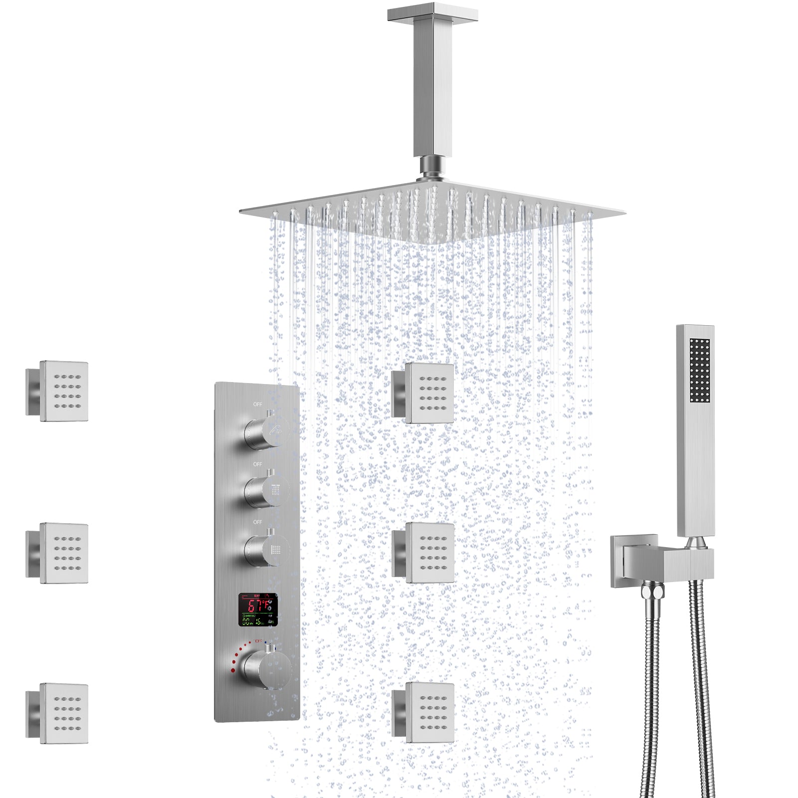 SFS-1026-NK12 EVERSTEIN LED Thermostatic Dual Function Shower Head System Ceiling Mounted with Rough-in Valve in Brushed Nickel