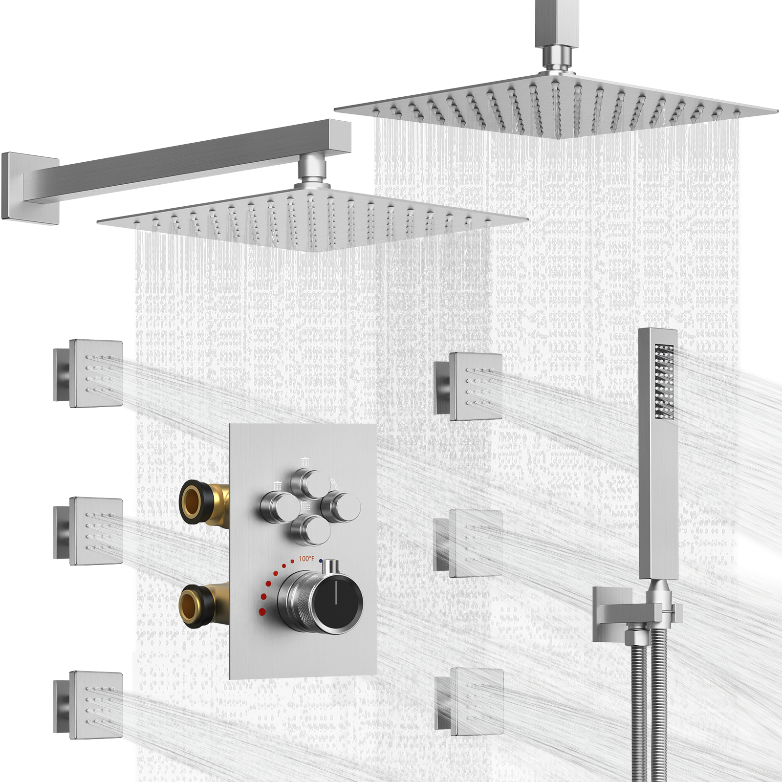 SFS-1032-NK12 12 in. Ceiling Mount Dual Shower Head and Handheld Shower 2.5 GPM with 6-Jets in Brushed Nickel(Valve Included)