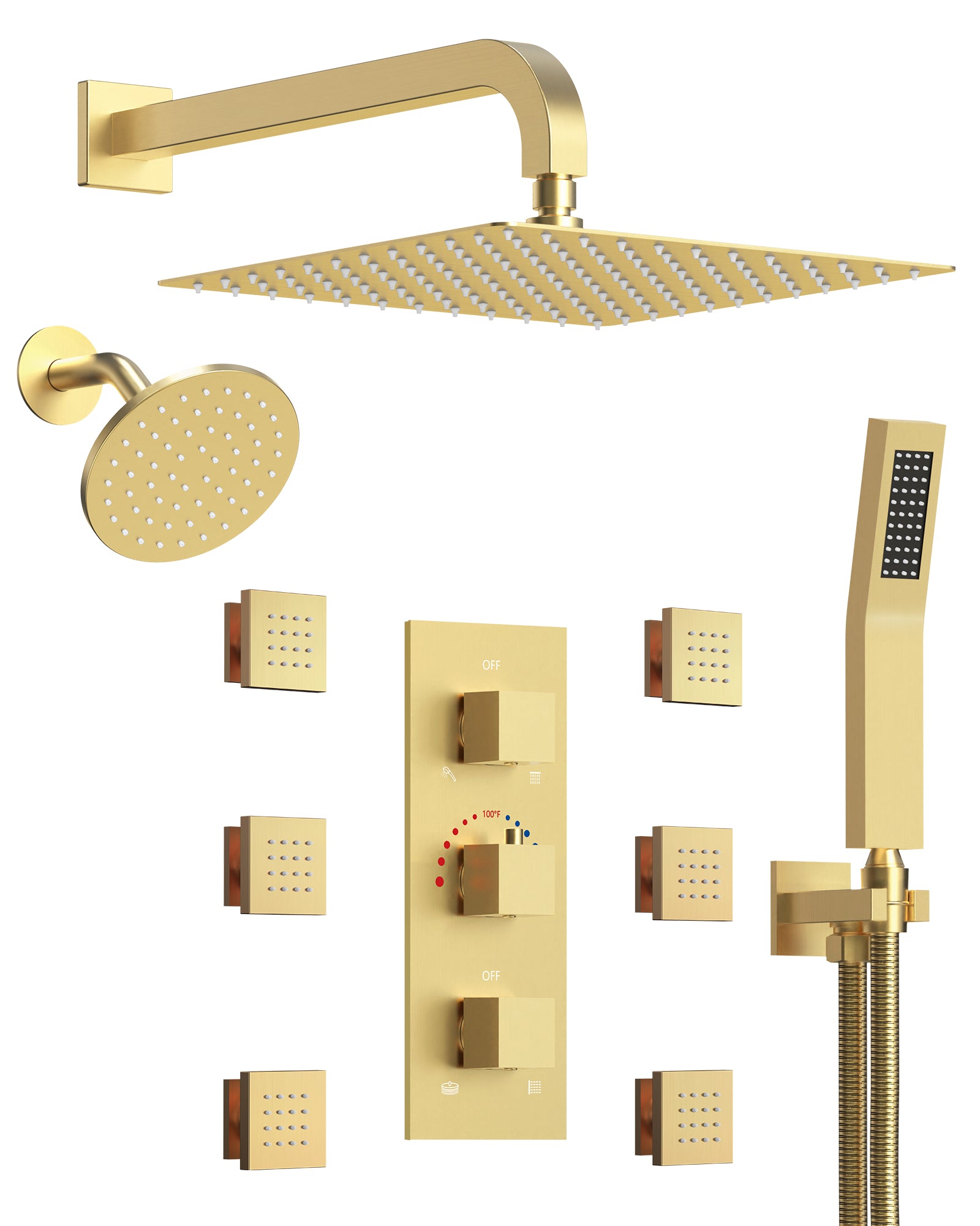 EVERSTEIN Gold Luxury Dual Rain Shower Heads Set - 12" Square Ceiling, Handheld Spray, Body Massage Jets, 8 Spray Modes Combo