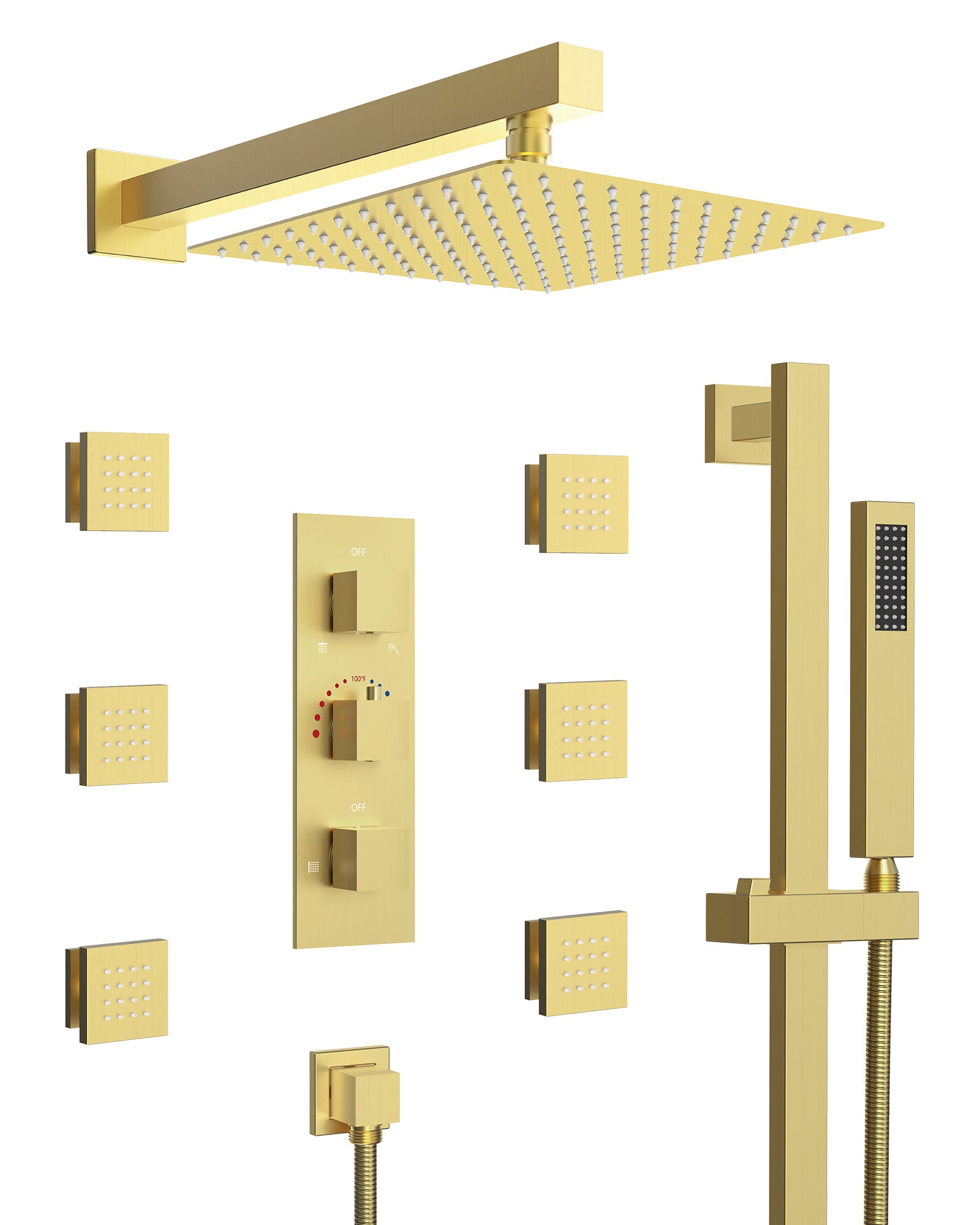 SFS-1016-GD12 EVERSTEIN Luxury wall mounted shower faucet system with fixed device and rough valve, with 6 body massage spray and hand-held shower faucet in Brushed Gold