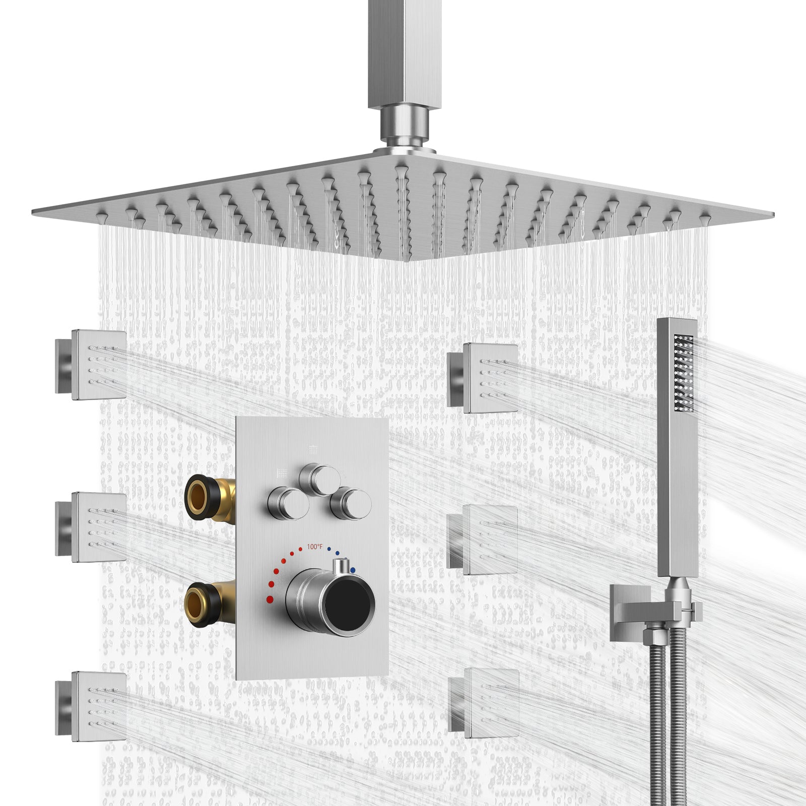 SFS1006-NK12 EVERSTEIN Thermostatic Shower Faucet with Rough-in Valve Rainfall Shower System Ceiling Mounted with 6 Massage Body Jets and Handheld Sprayer