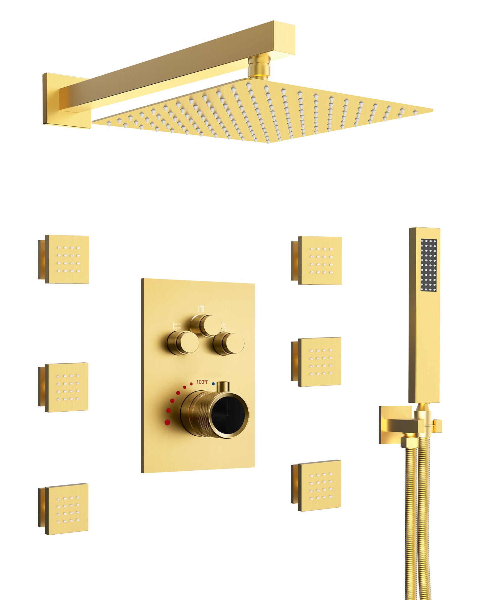 EVERSTEIN Rain Shower System with Body Massage Jets Combo - 12" Square Shower Head, Brushed Gold Faucet Set