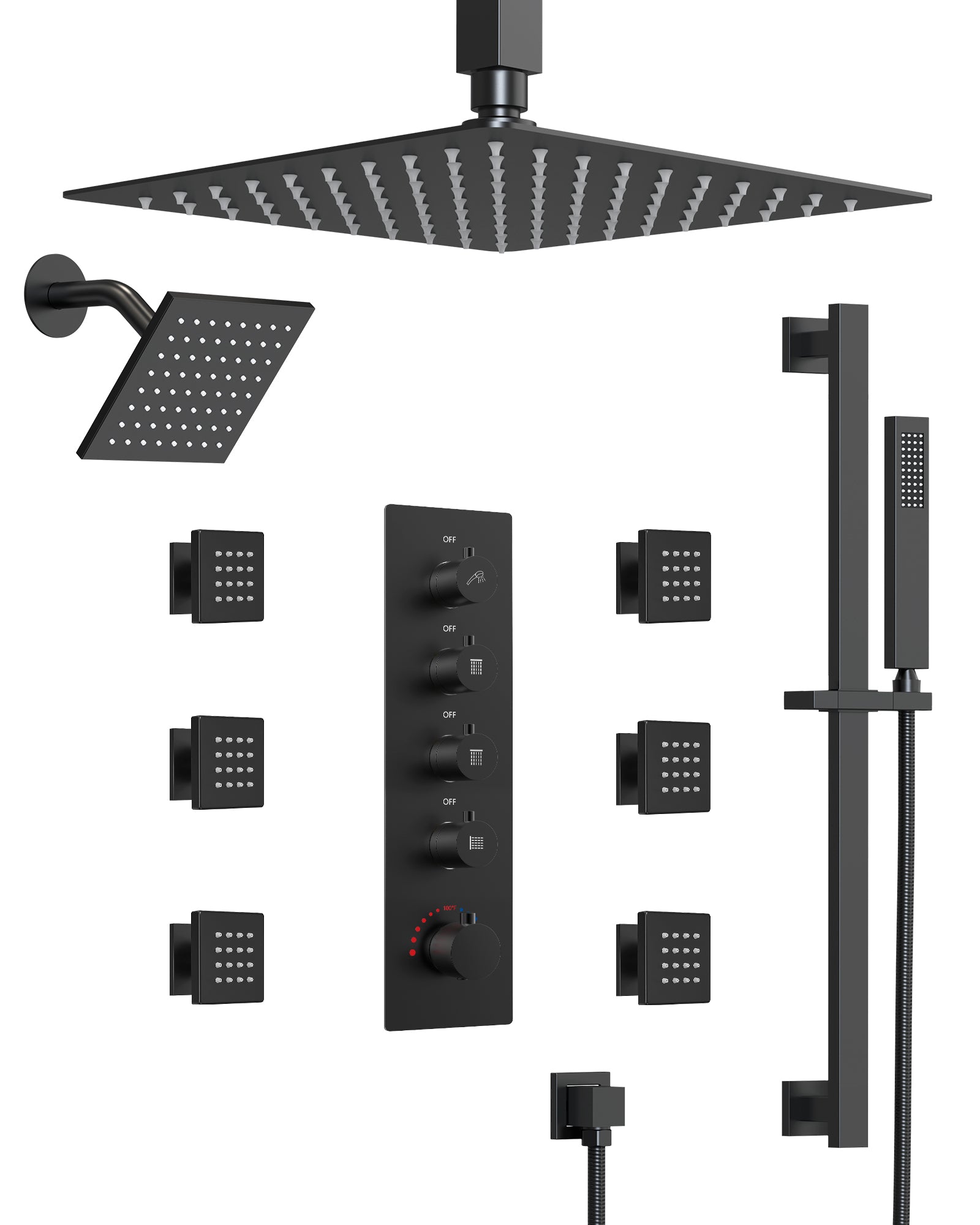 EVERSTEIN Matte Black Dual Shower Heads System - 13-Spray Modes, 16" High-Pressure Rainfall, Handheld Spray, Body Massage Jets