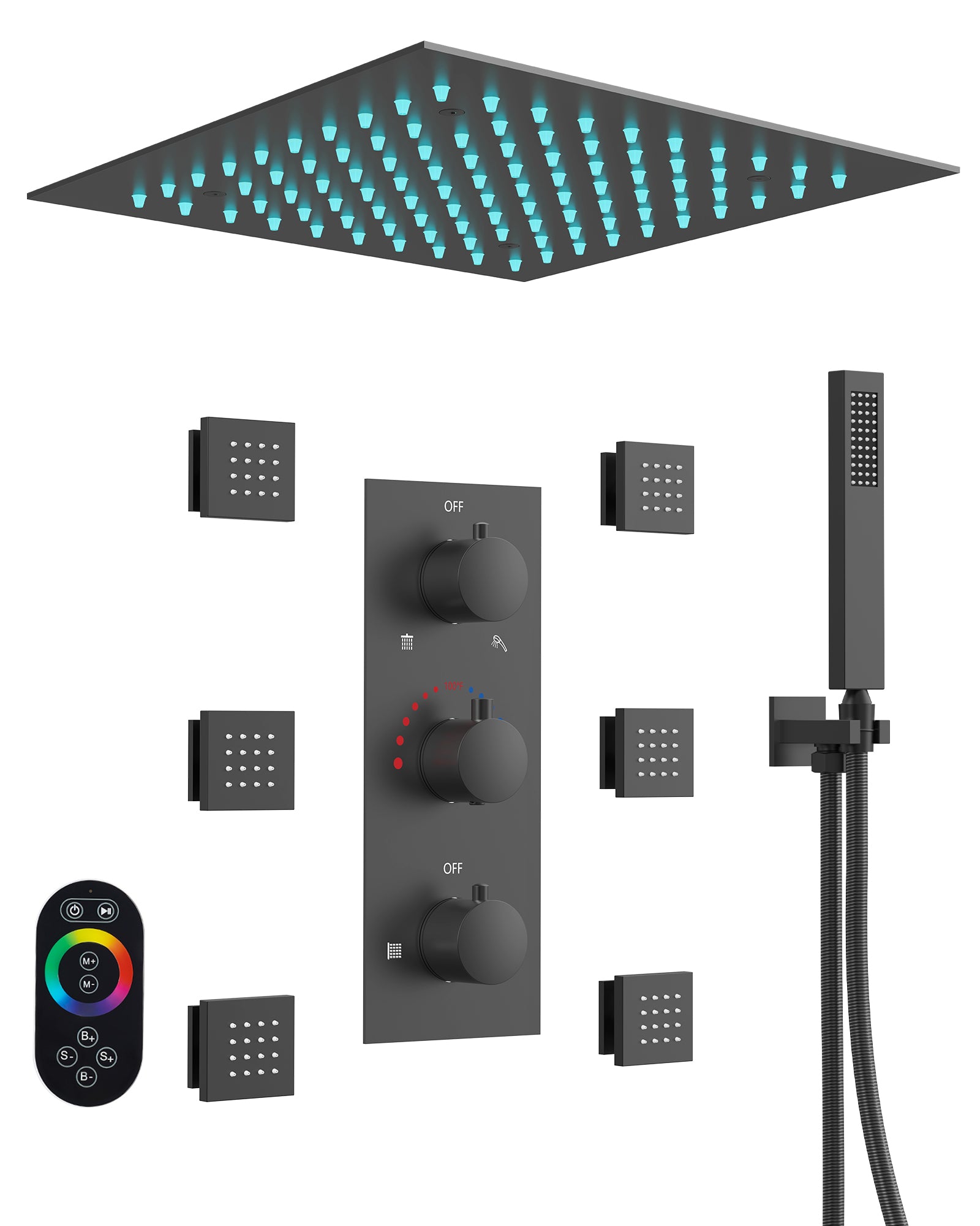 EVERSTEIN Matte Black Luxury Shower System with LED Color Changing Rain Head - 12" Ceiling Rainfall, Handheld & Body Massage Jets