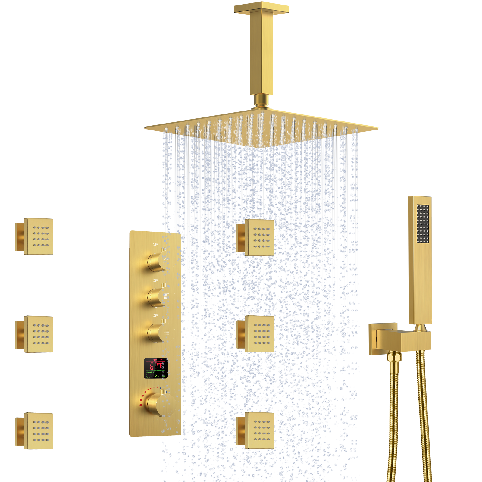 SFS-1026-GD12 EVERSTEIN LED Thermostatic Dual Function Shower Head System Ceiling Mounted with Rough-in Valve in Brushed Gold