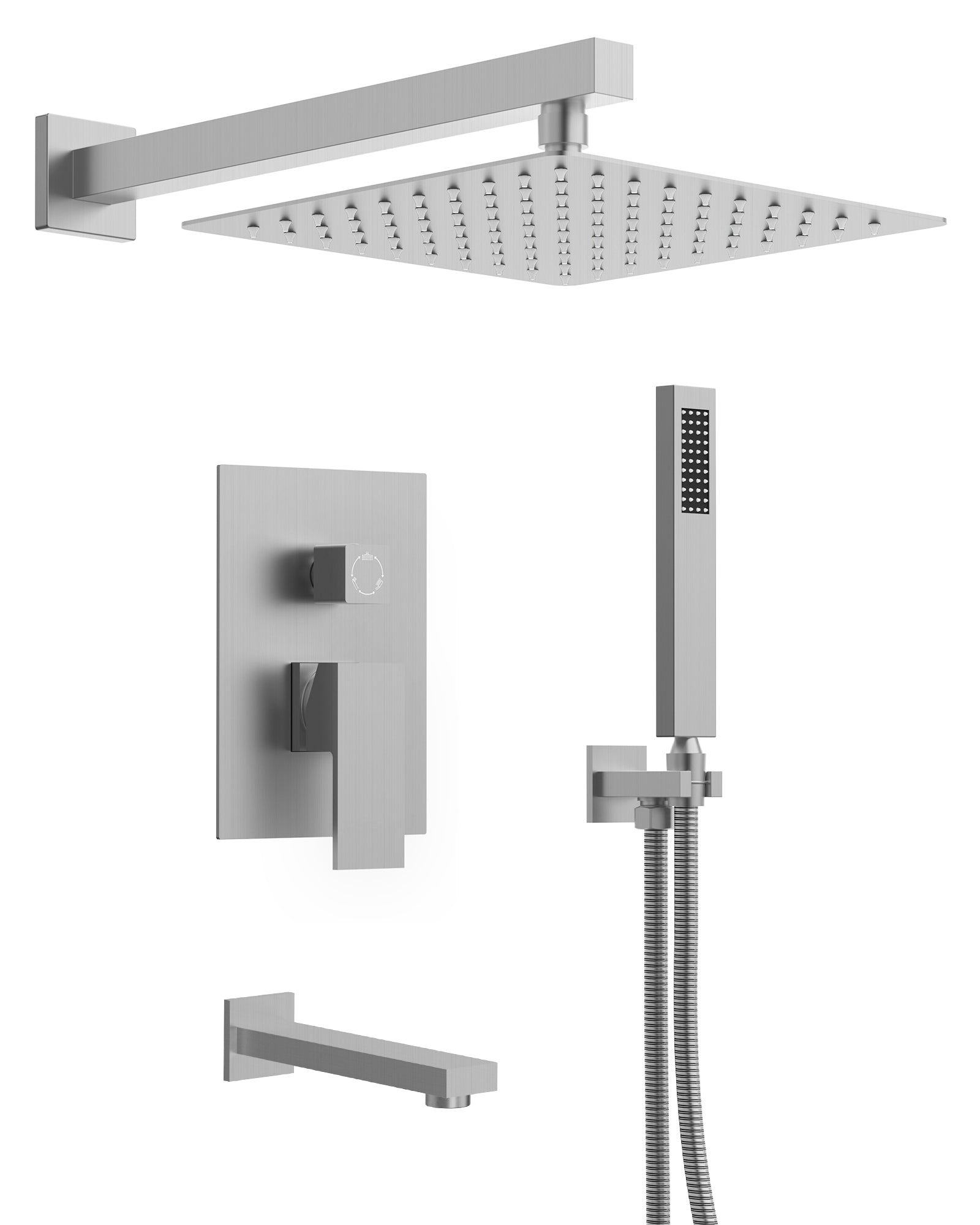 EVERSTEIN Brushed Nickel Luxury Shower & Tub Faucet Set - 10" Ceiling Rain Head, High-Pressure Bathroom Waterfall Bathtub Spout