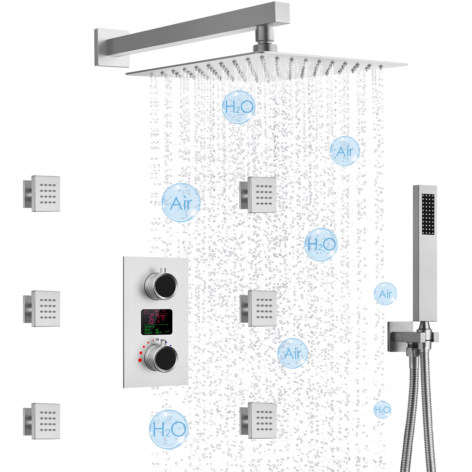 SFS-1014-NK12 EVERSTEIN Wall Mounted Constant Temperature Shower Faucet with LED Display Rain Shower System, with 6 Massage Nozzles and Hand-held Spray,Brushed Nickel