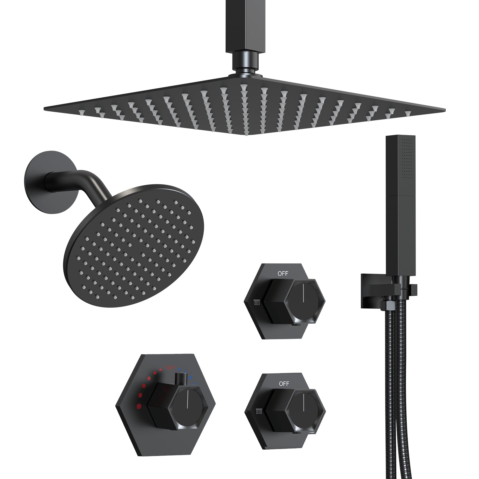 EVERSTEIN Luxury Dual Shower Heads System: Matte Black Modern Bathroom 12" Ceiling Mounted Rain Showerhead Set