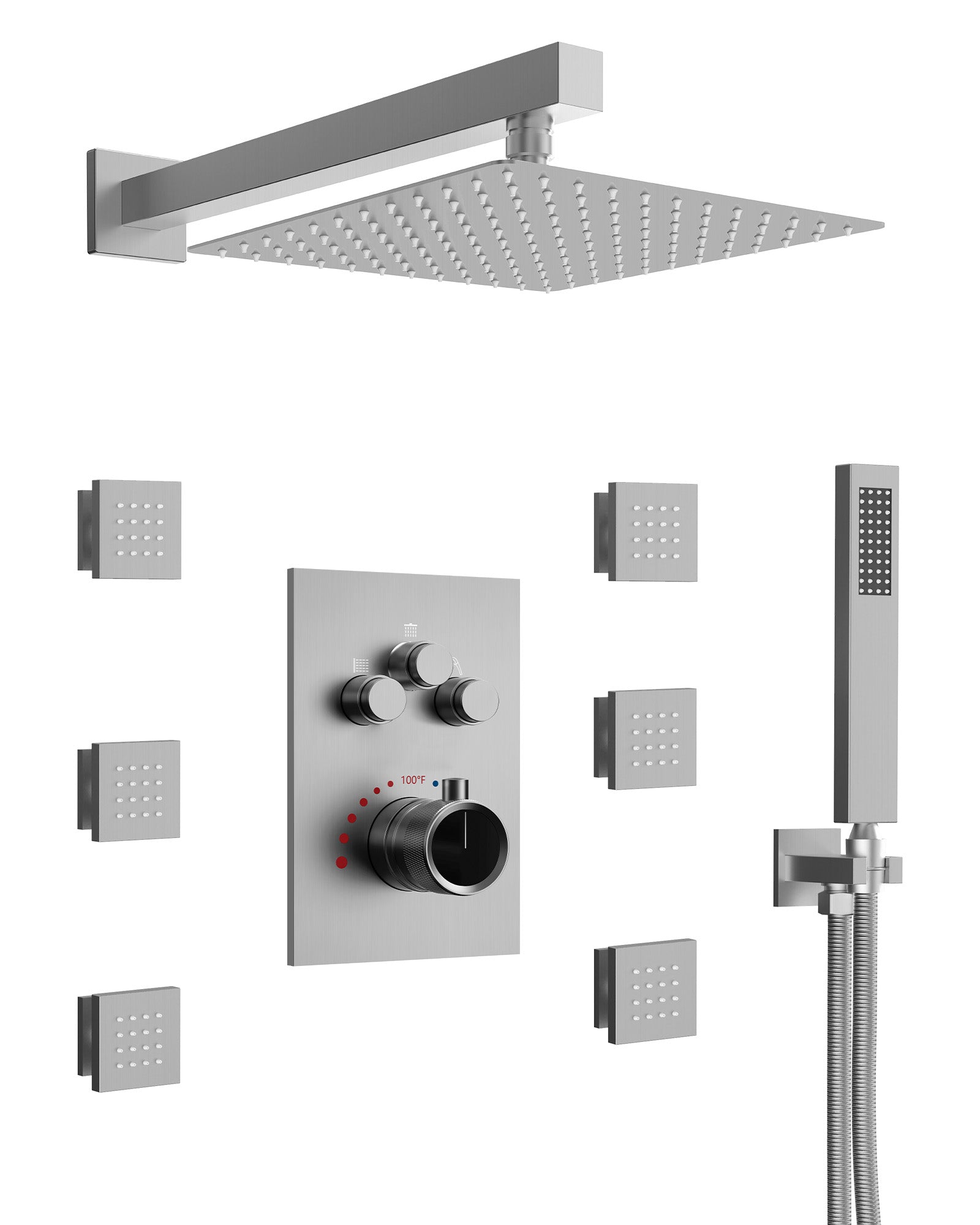 EVERSTEIN Rain Shower System with Body Massage Jets - 12" Square Shower Head, Brushed Nickel Shower System