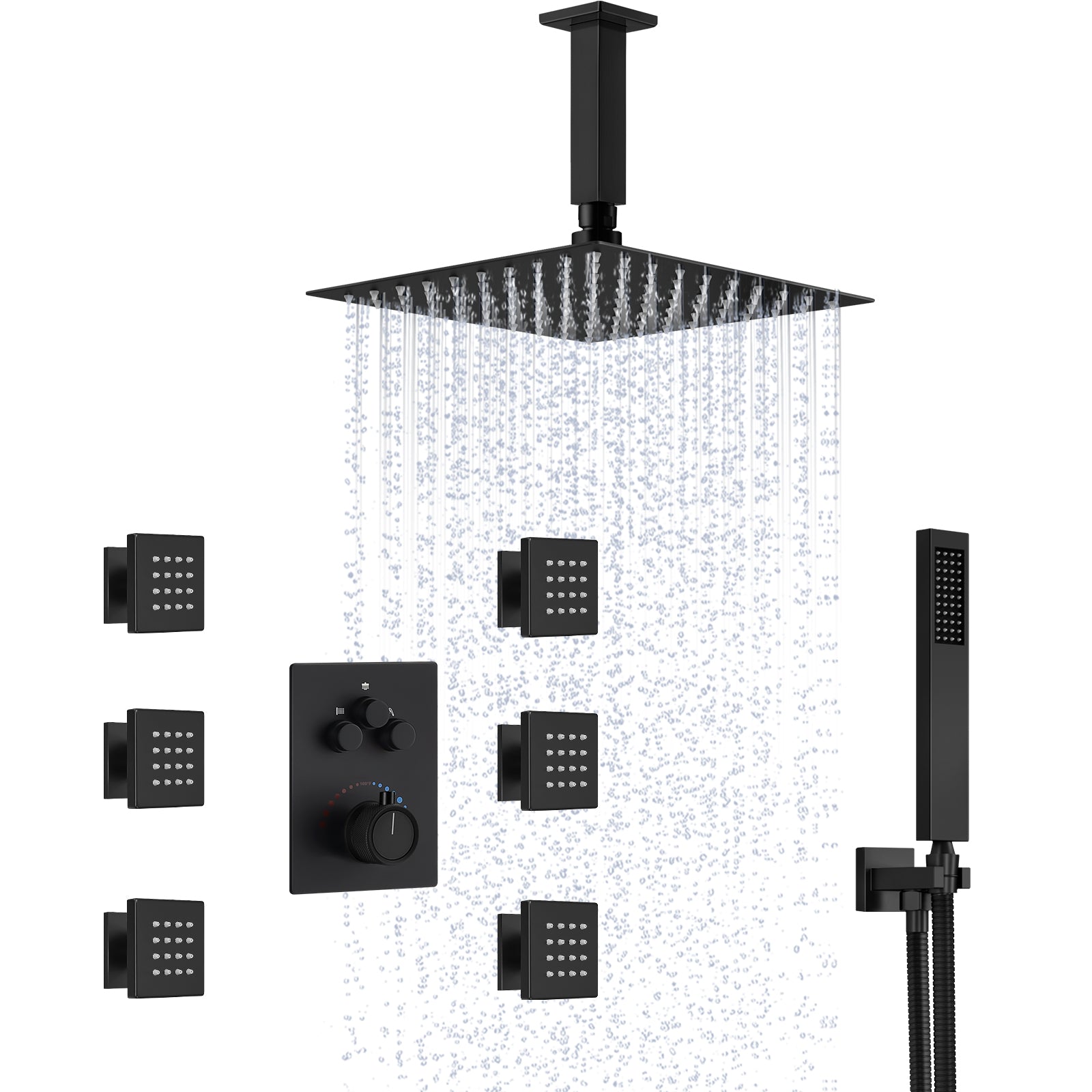 SFS1006-BK12 EVERSTEIN Thermostatic Shower Faucet with Rough-in Valve Rainfall Shower System Ceiling Mounted with 6 Massage Body Jets and Handheld Sprayer