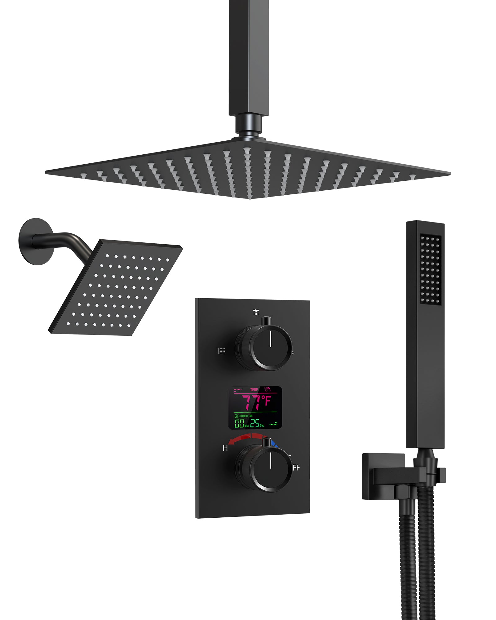 EVERSTEIN Matte Black Rainfall Dual Shower Head System - High-Pressure 12" Ceiling Rain Showerhead with LCD & Handheld Spray