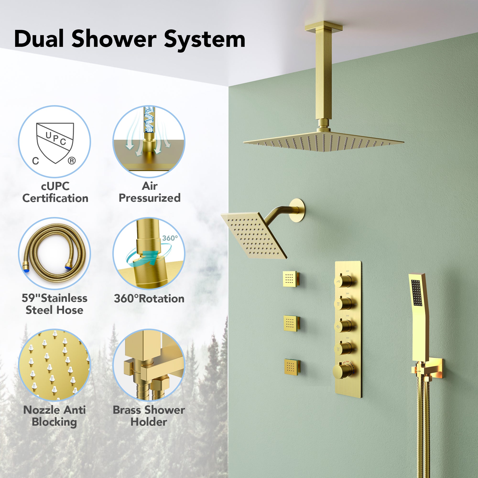 EVERSTEIN SFS-1063-GD16 16" High-Pressure Rainfall Complete Shower System with Rough-in Valve