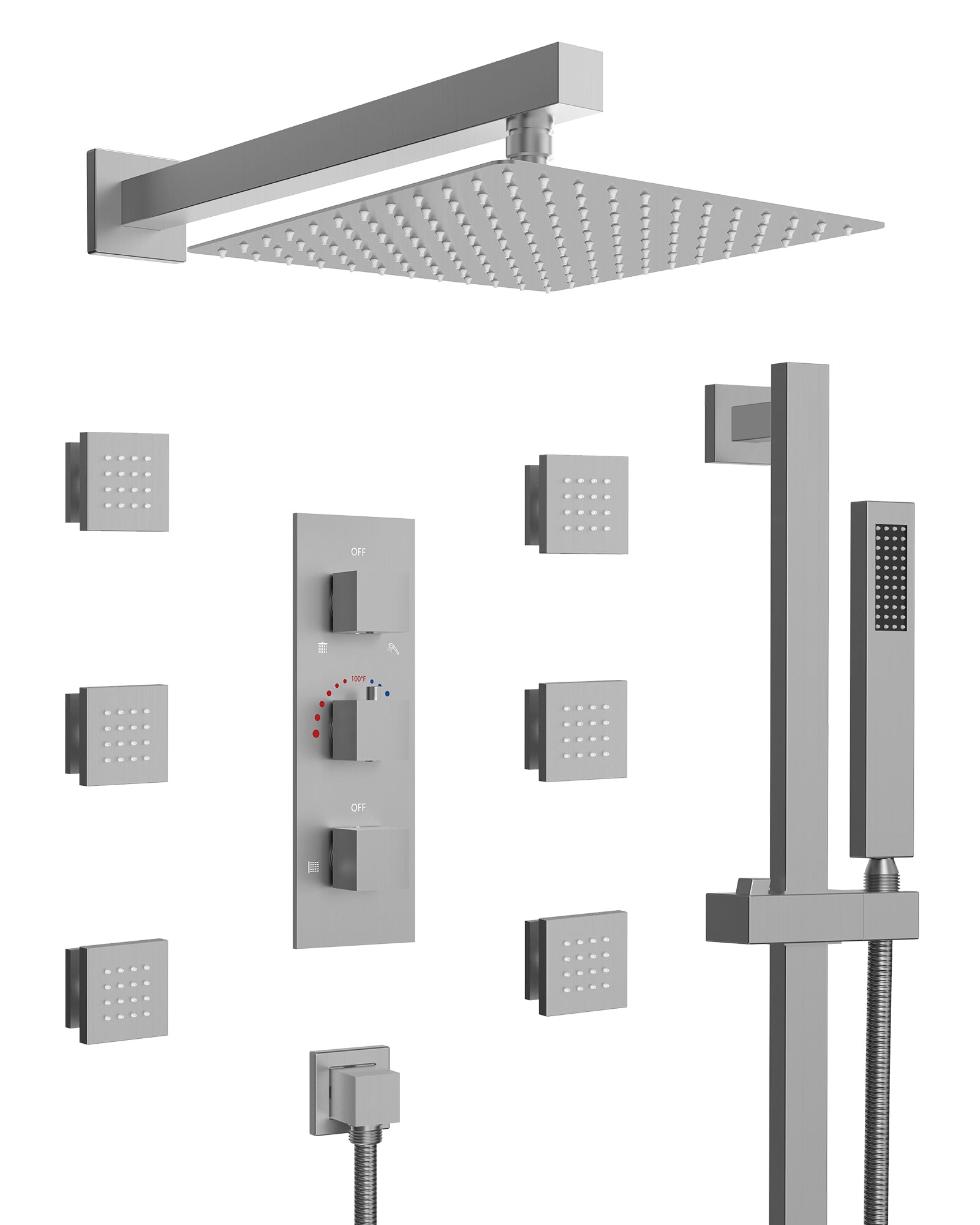 SFS-1016-NK12 EVERSTEIN Luxury wall mounted shower faucet system with fixed device and rough valve, with 6 body massage spray and hand-held shower faucet in Brushed Nickel