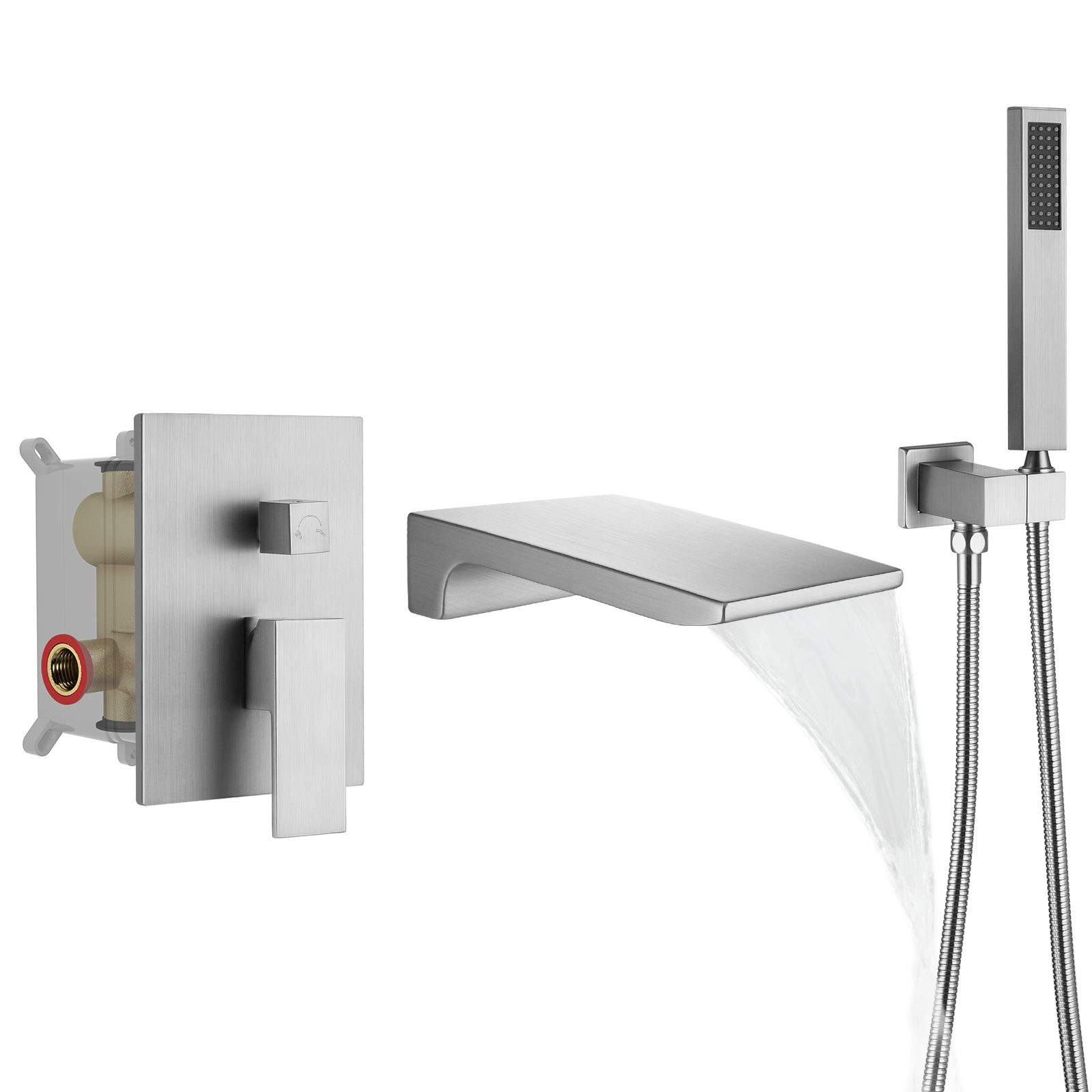 M6502NI-BL EVERSTEIN Waterfall Bathtub Faucet Set with Handheld Shower Head and Tub Spout, Wall Mounted Tub Faucet Trim Kit with Pressure Balanced Valve, Brushed Nickel