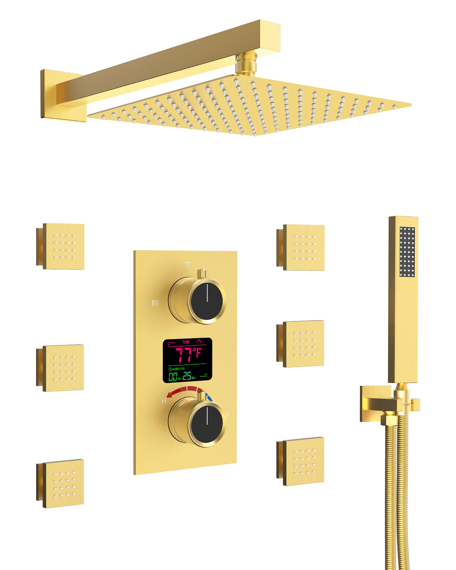 SFS-1014-GD12 EVERSTEIN Wall Mounted Constant Temperature Shower Faucet with LED Display Rain Shower System, with 6 Massage Nozzles and Hand-held Spray,Brushed Gold