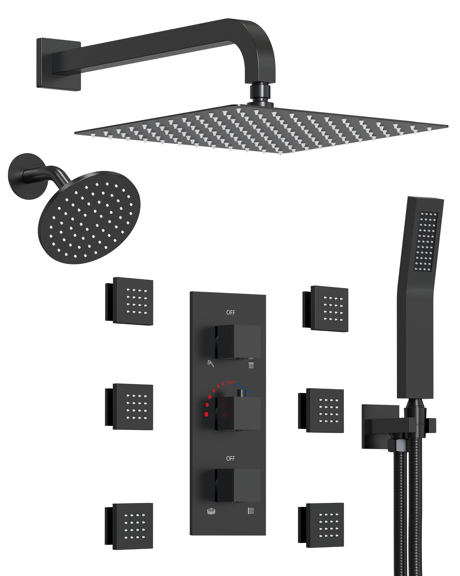 EVERSTEIN Matte Black Luxury Dual Rain Shower System - 12" Square Ceiling Head & Handheld Spray with Adjustable Massage Jets