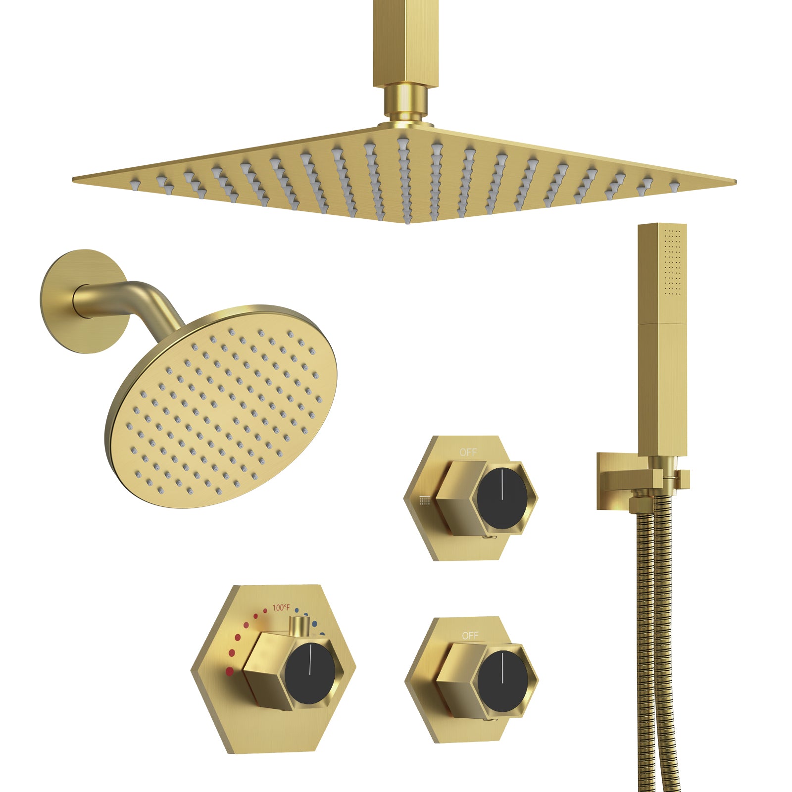 EVERSTEIN Luxury Dual Shower Heads System: Brushed Gold 12" Ceiling Mounted Rain Showerhead Handheld Spray Comb