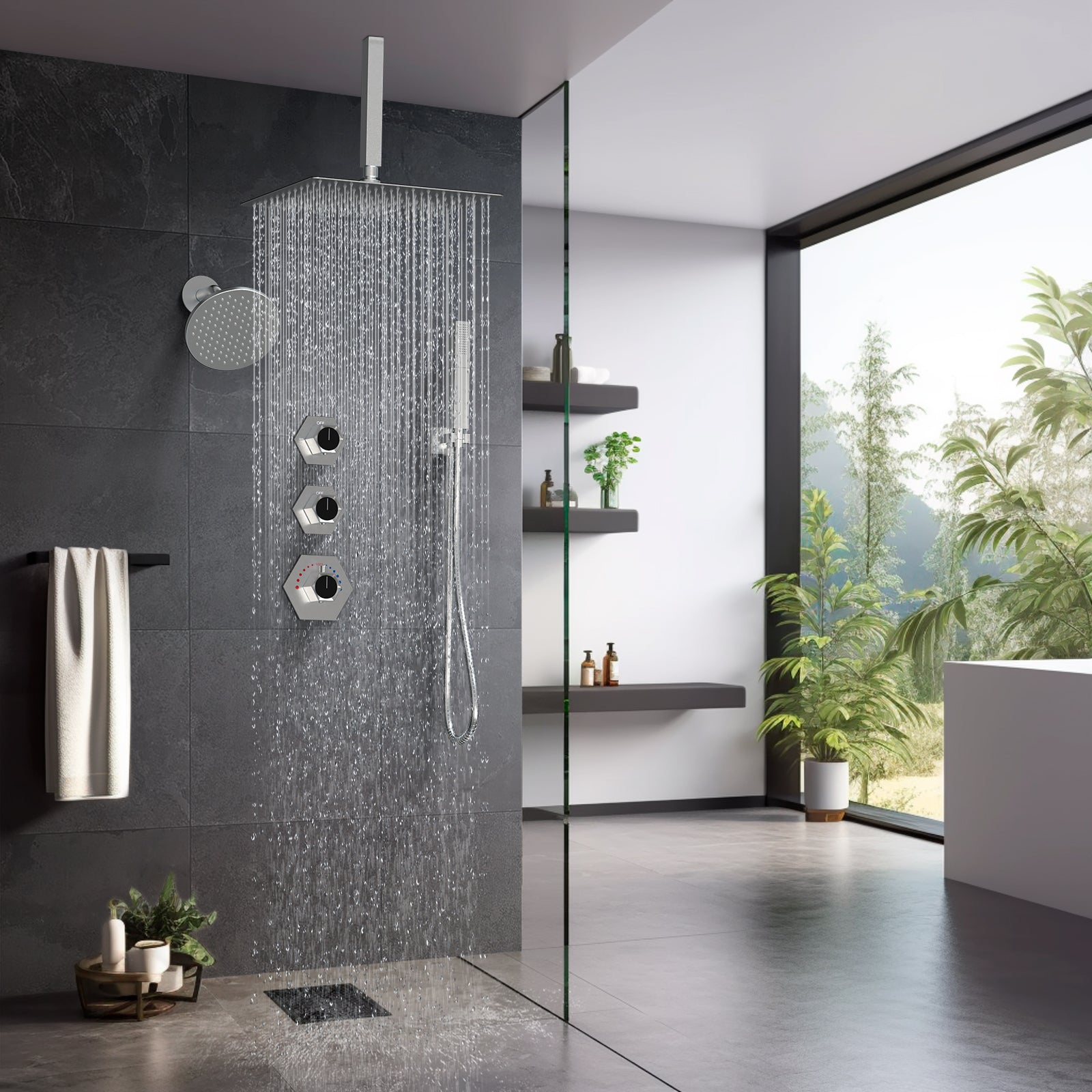 EVERSTEIN Luxury Dual Shower Heads: Brushed Nickel 12" Ceiling Mounted Rain Showerhead Handheld Spray Bathroom Shower System