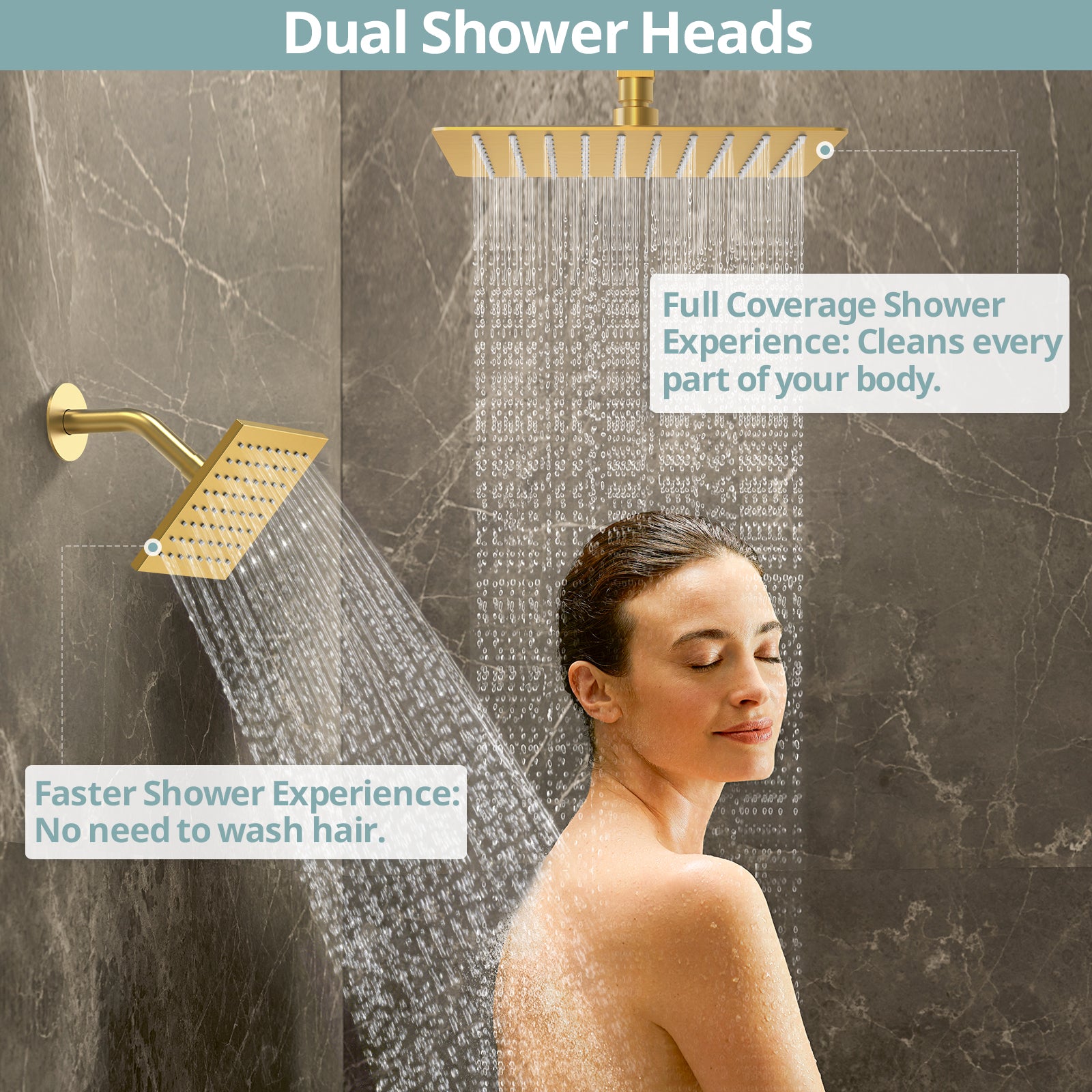 EVERSTEIN Brushed Gold Luxury Shower System - Dual 16" & 6" High-Pressure Rain Heads with Body Massage Jets & Handheld Spray