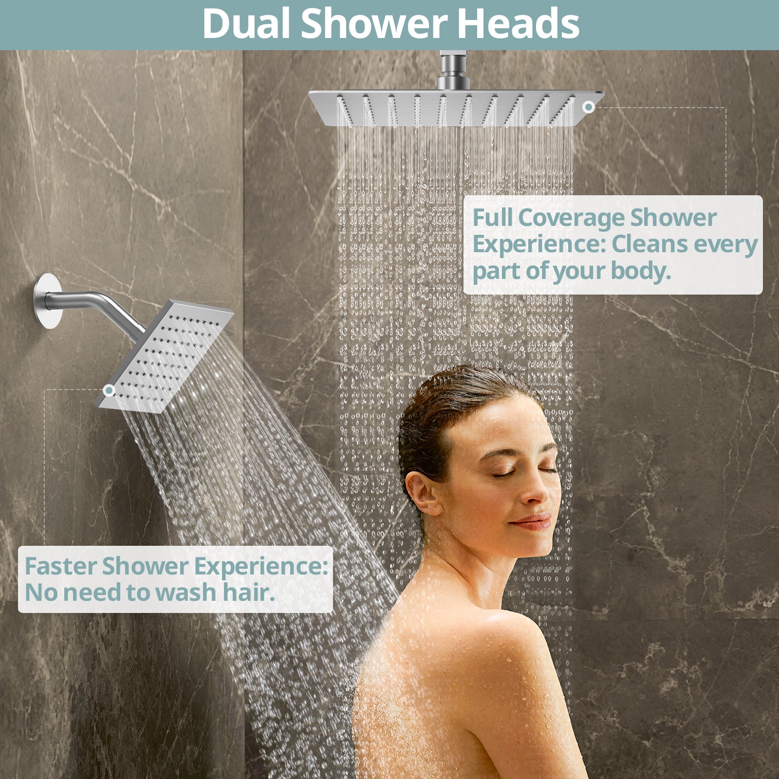 EVERSTEIN Luxury Brushed Nickel Shower System - 16" Dual Rain Shower Heads with Full Body Massage Jets & Handheld Spray Combo