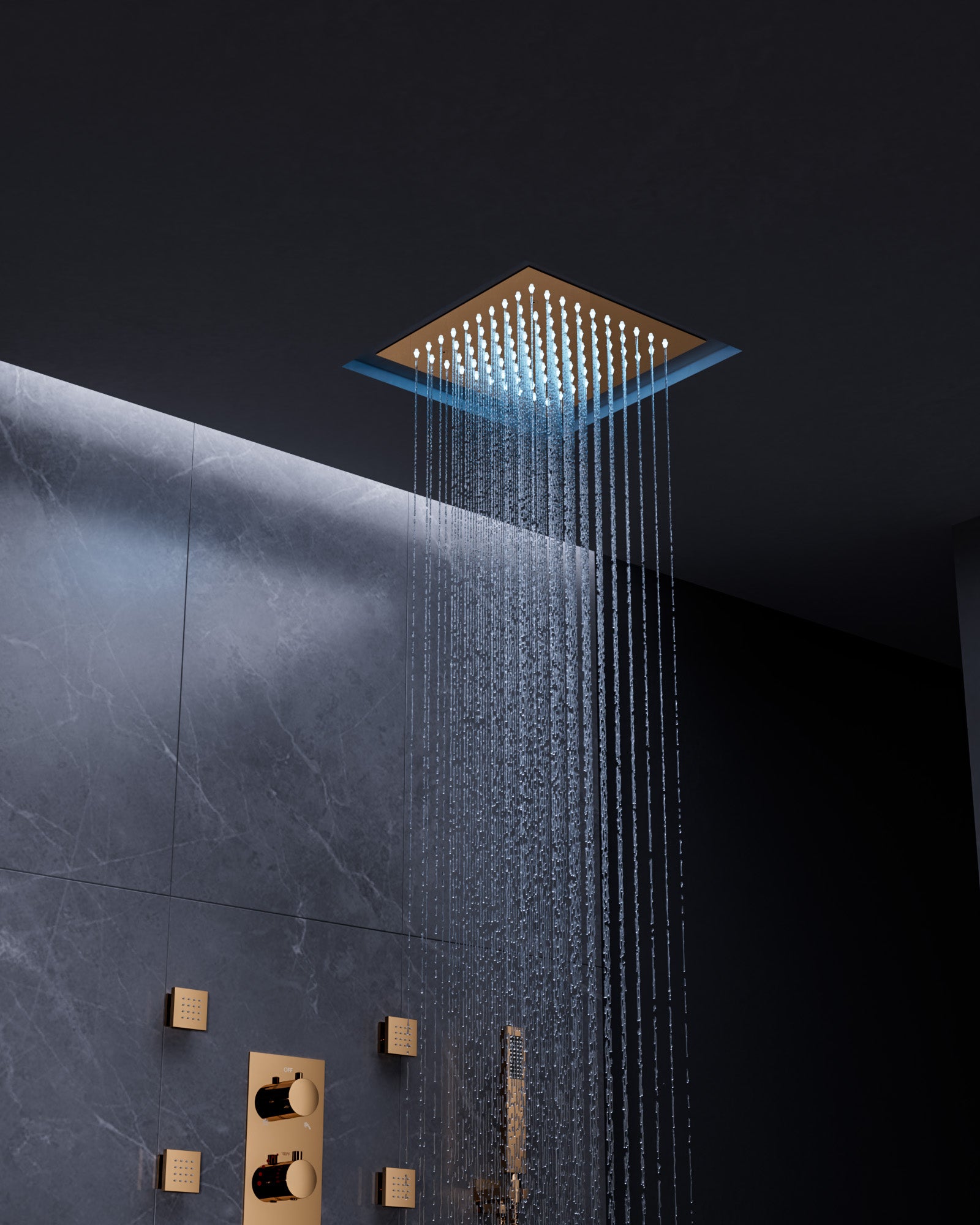 EVERSTEIN Rose Gold Luxury Rain Shower System - 12" Ceiling Rainfall Head with Color Changing LED Lights & Body Massage Jets