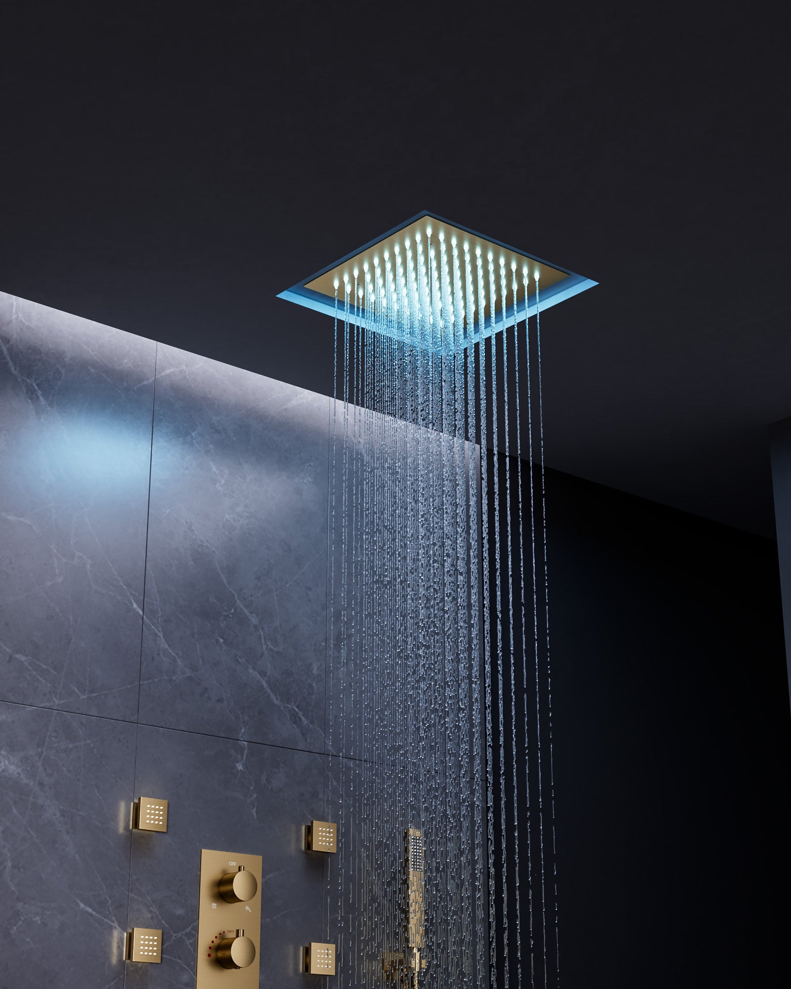 EVERSTEIN Gold Luxury Shower System with Color Changing Rain Head - 12" Ceiling Rainfall, Handheld Spray & Body Massage Jets