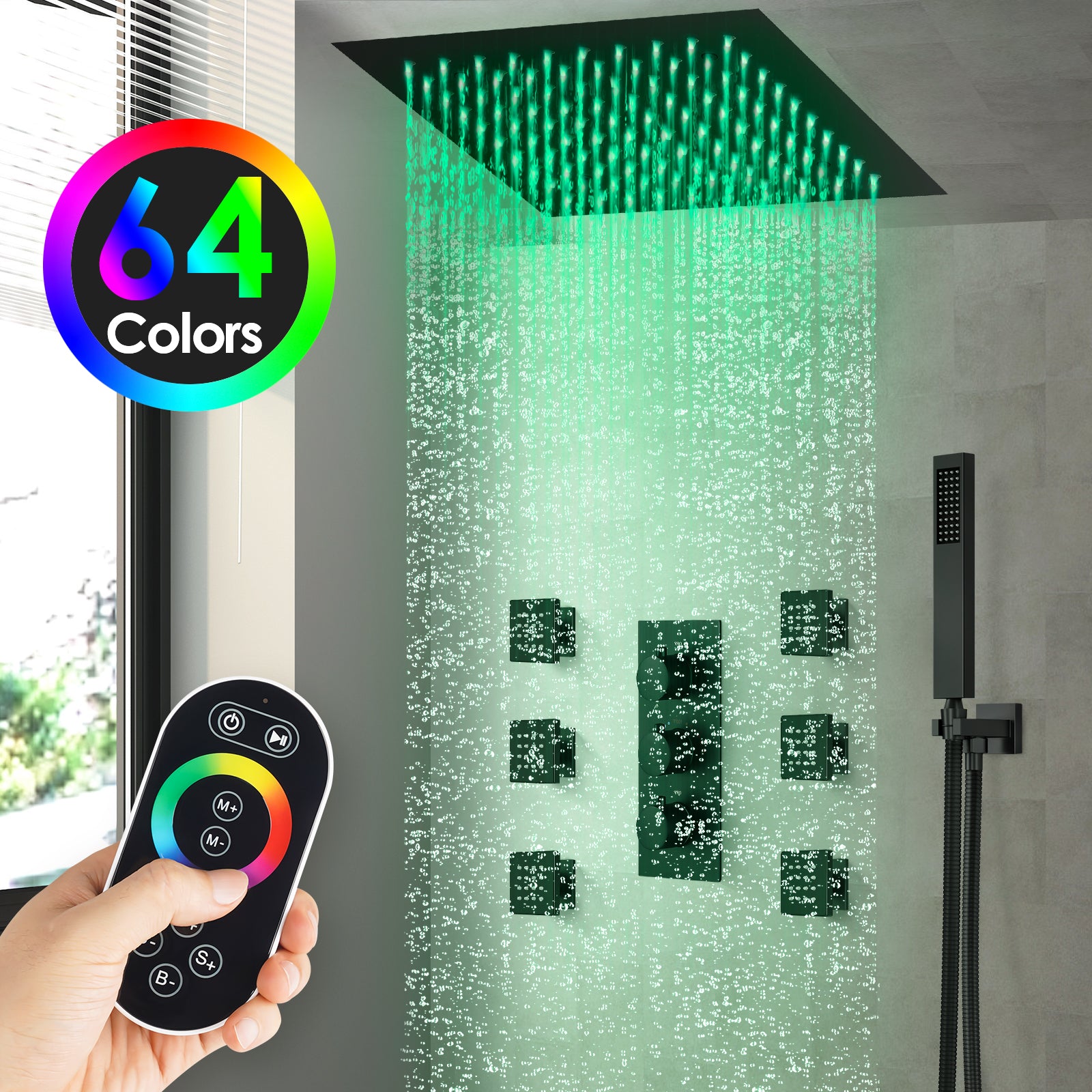 EVERSTEIN Matte Black Luxury Shower System with LED Color Changing Rain Head - 12" Ceiling Rainfall, Handheld & Body Massage Jets