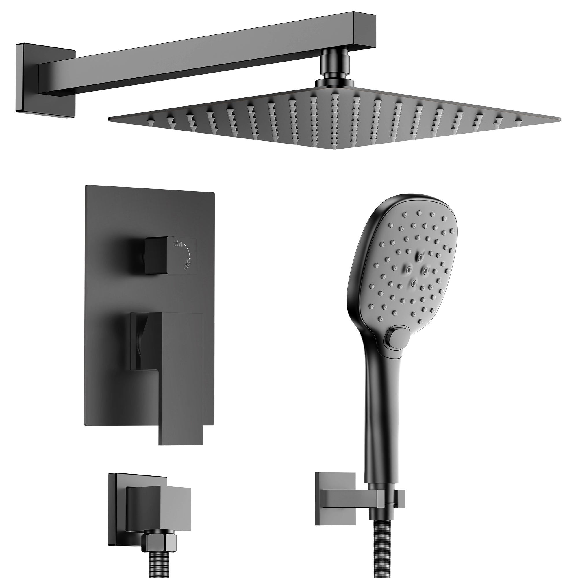 EVERSTEIN Matte Black Square Rain Shower Head System - 10" Ceiling Rainfall, Handheld Spray, Wall Mounted Bathroom Faucet Set