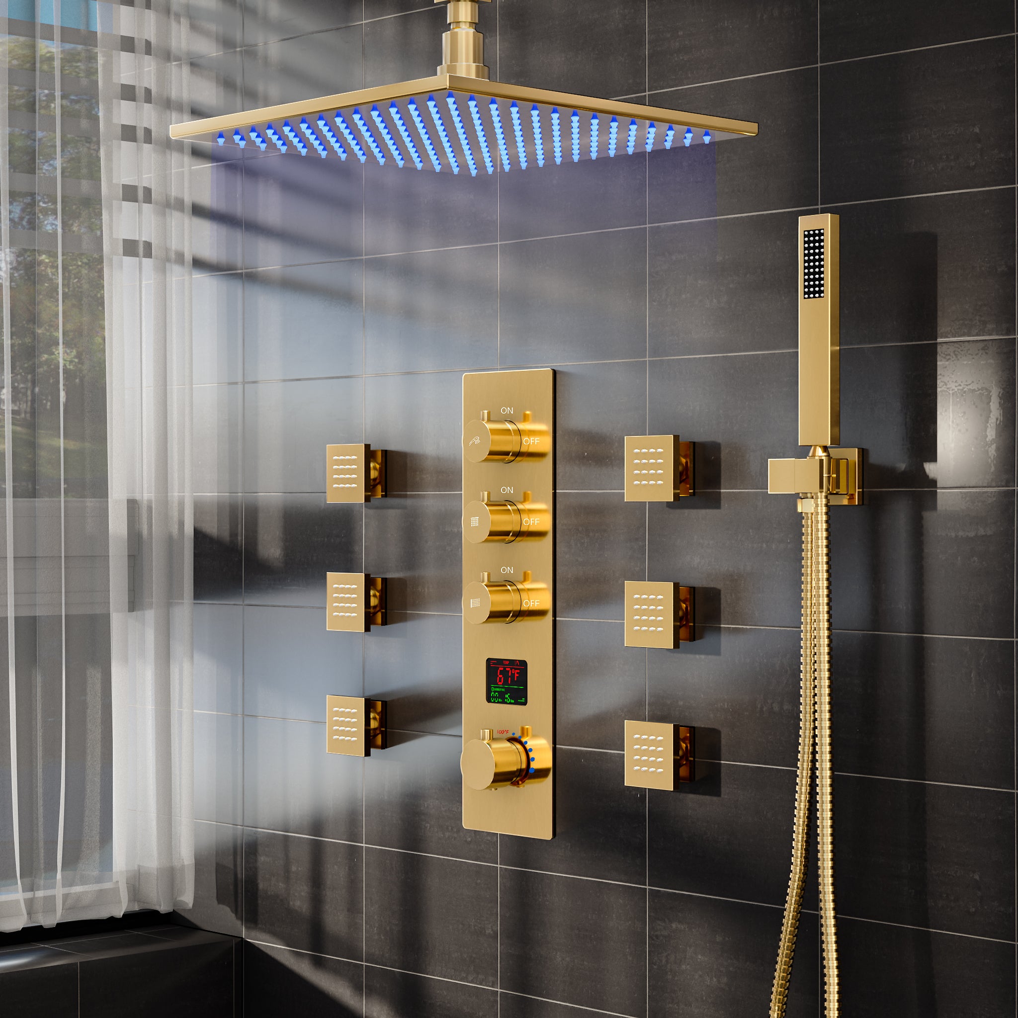 SFS-1026-GD12 EVERSTEIN LED Thermostatic Dual Function Shower Head System Ceiling Mounted with Rough-in Valve in Brushed Gold