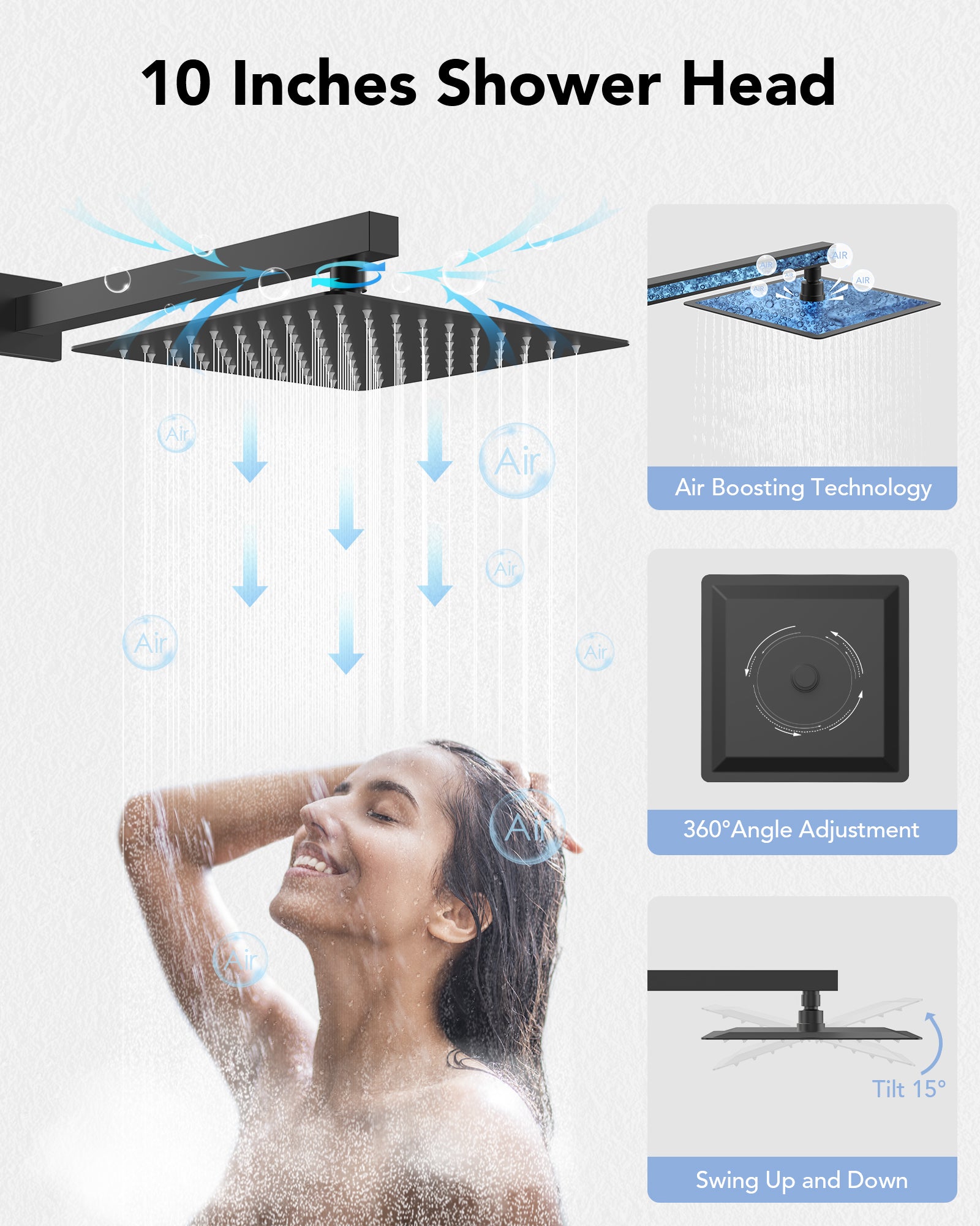 EVERSTEIN Matte Black Rainfall Shower System - 10" Ceiling Head & Handheld Spray Combo, High-Pressure 2.5GPM for Bathroom