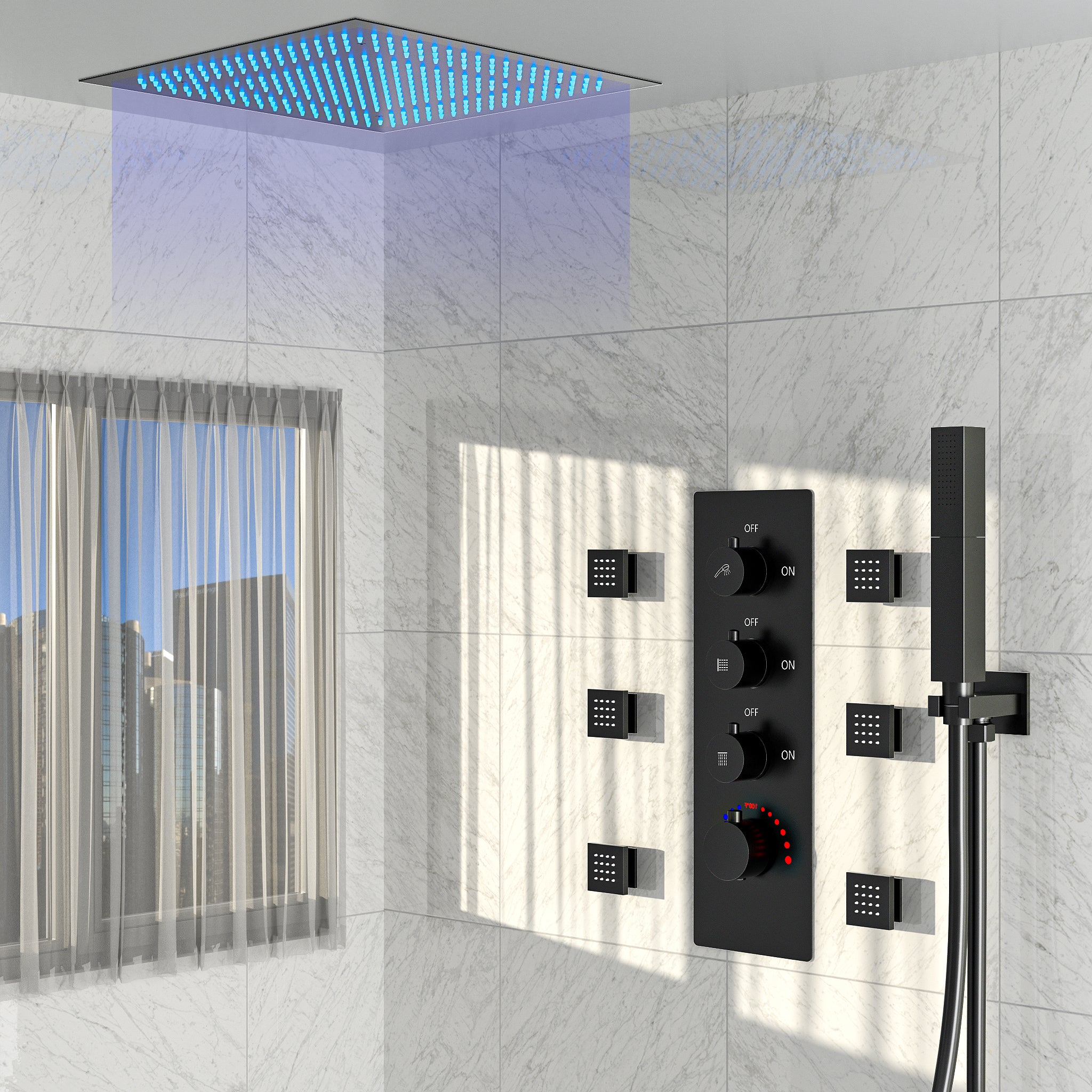 SFS-1028-BK20 EVERSTEIN 20 in. Thermostatic LED Complete Shower System with Rough in-Valve, Matte Black