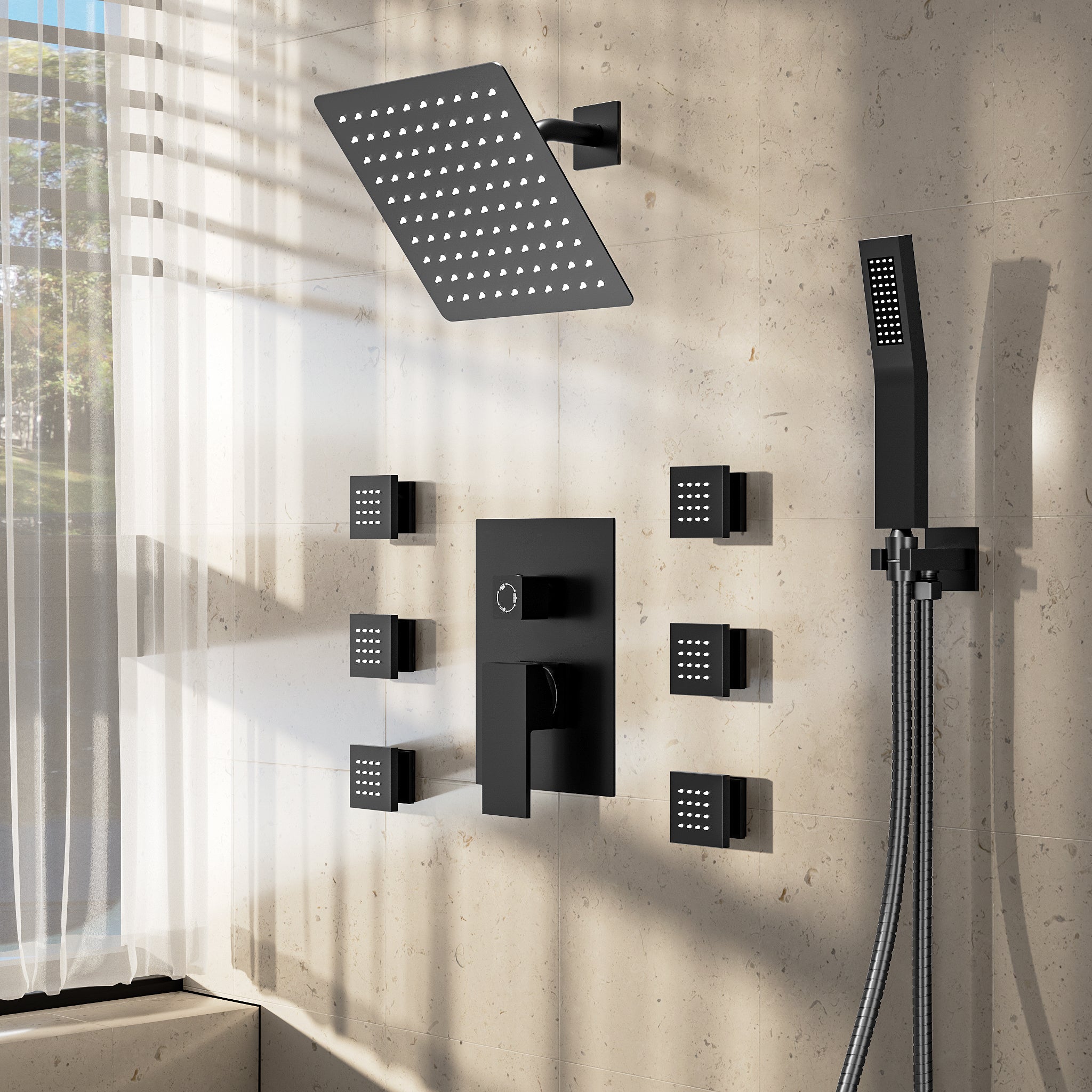 SFS-1037-BK8 10 in. Wall Mount Dual Shower Head and Handheld Shower 2.5 GPM with 6-Jets in Matte Black (Valve Included)